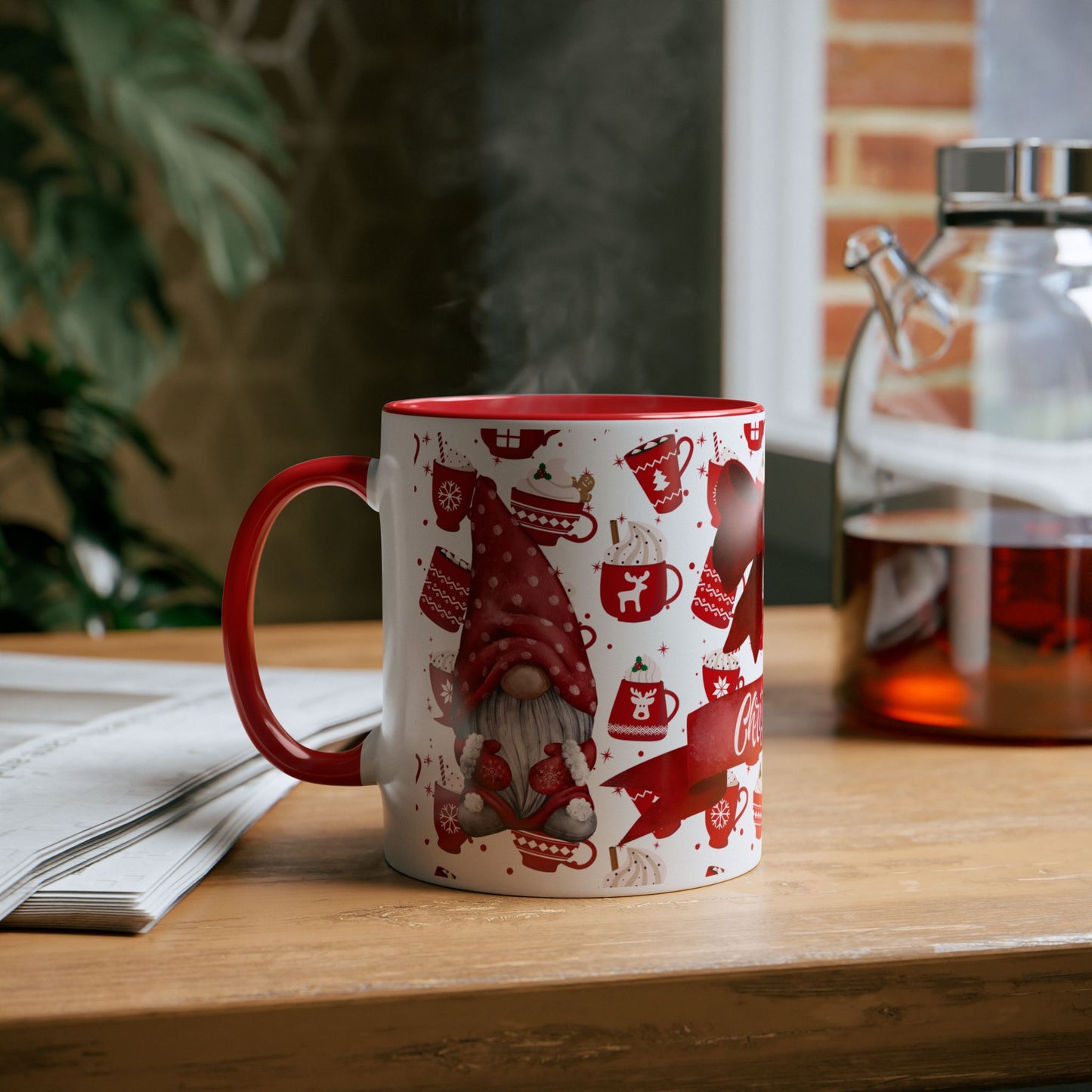 Red Christmas Mug with Bow and Festive Pattern – Perfect Holiday Gift 11oz