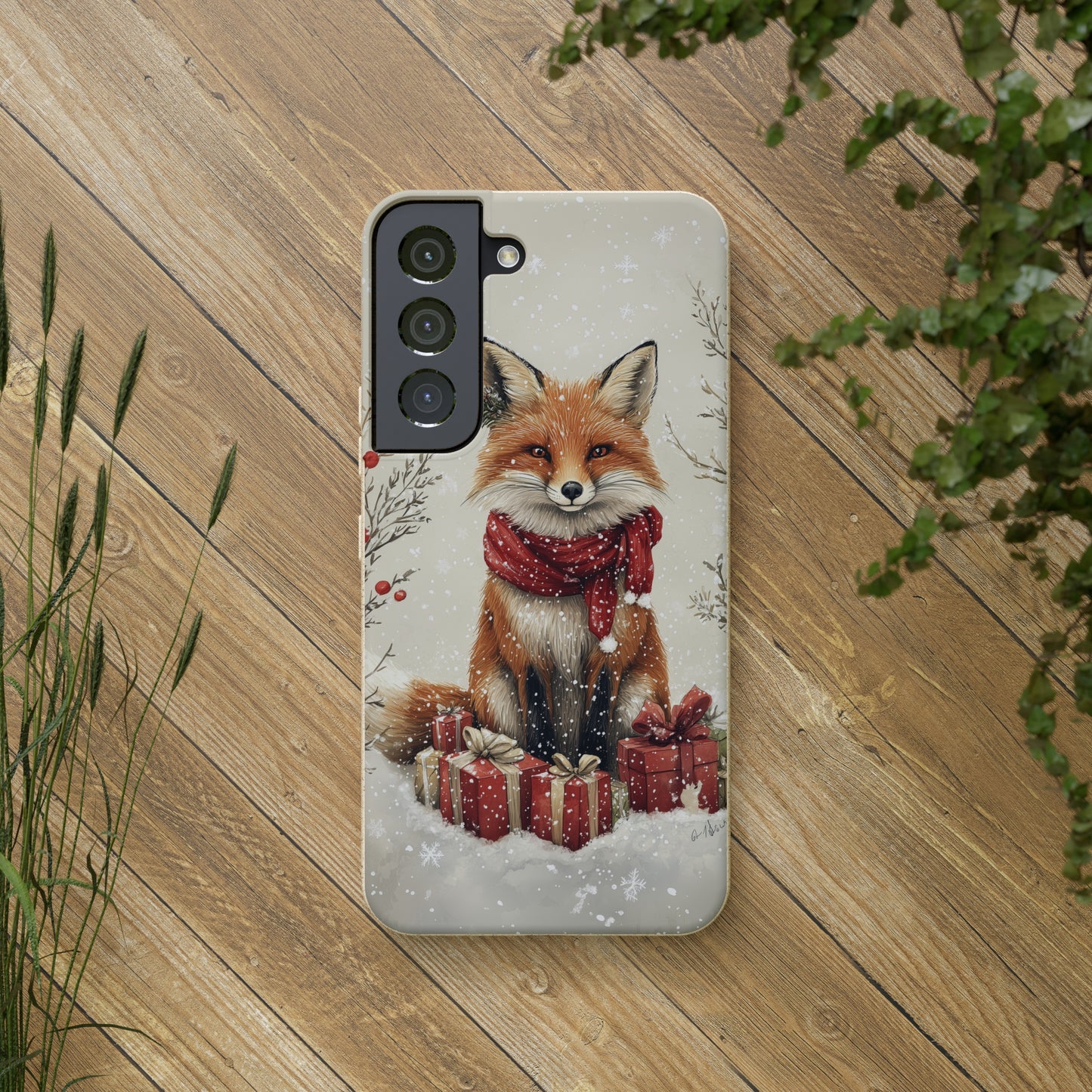 Christmas Fox Phone Case – Festive Holiday Design with Cute Fox and Gift Boxes - Biodegradable Cases