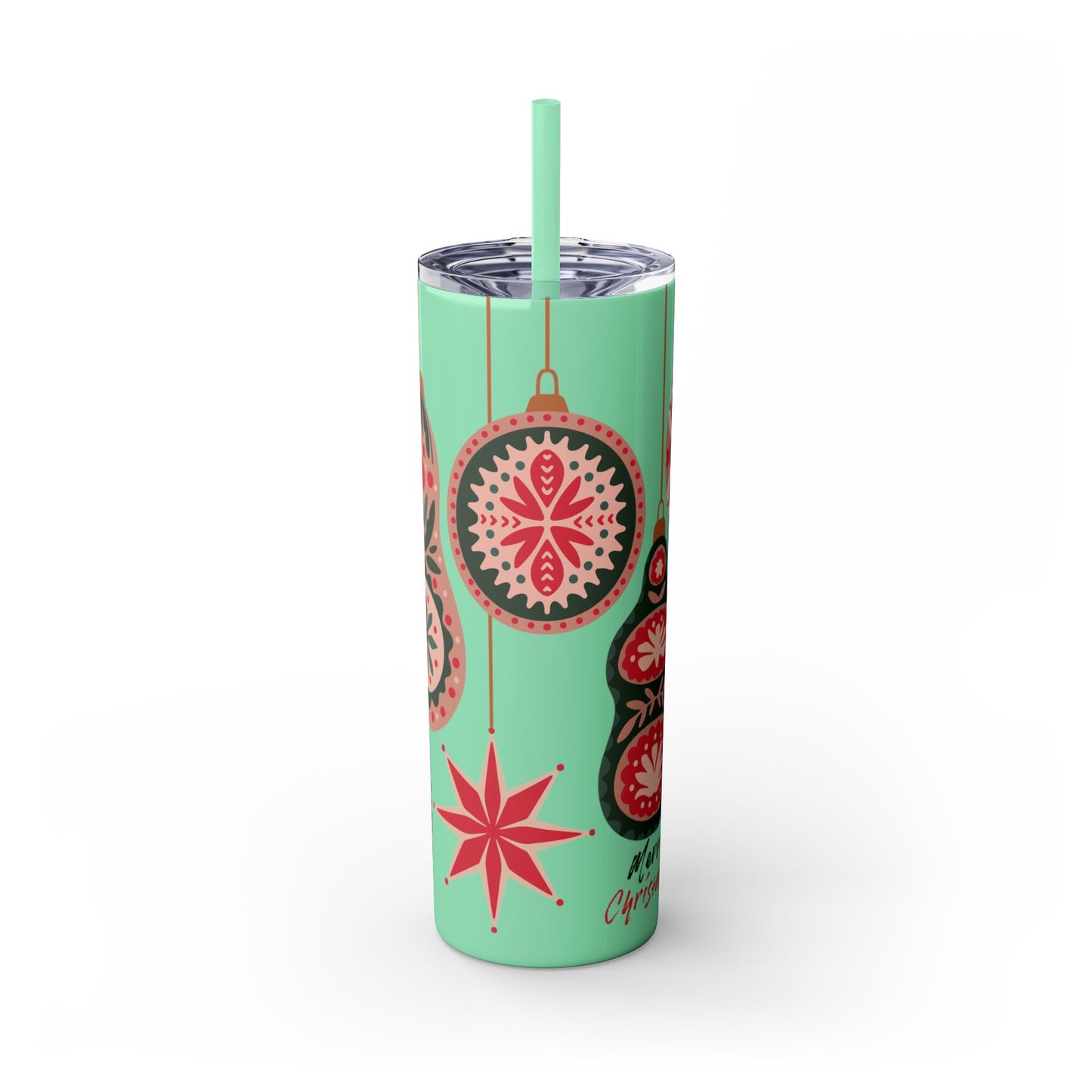 Scandinavian-Inspired Holiday Skinny Tumbler with Straw - Festive Ornaments Design, 20oz