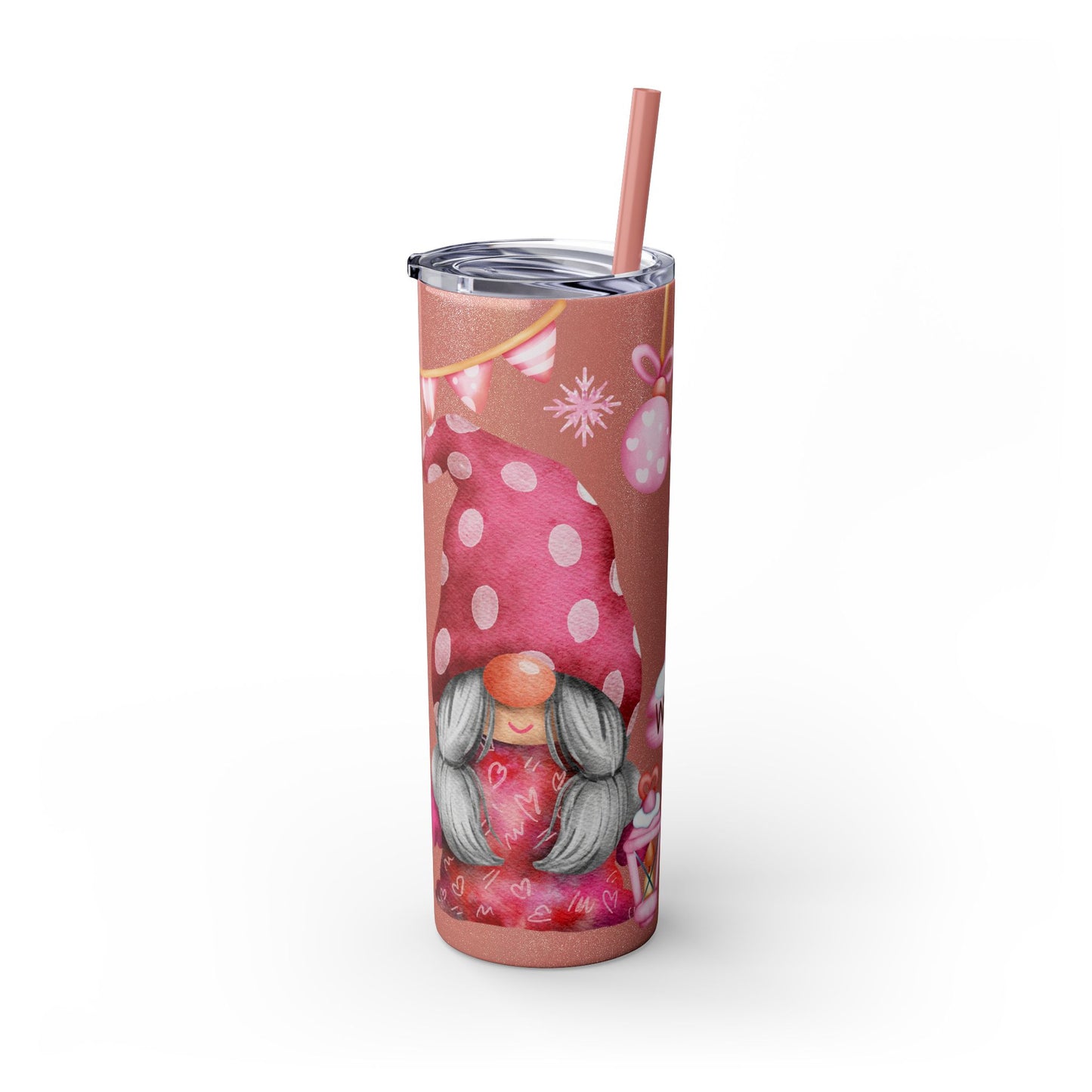 Scandinavian Pink Winter Gnome Skinny Tumbler with Straw - Cute Christmas Tumbler for Hot & Cold Drinks, 20oz