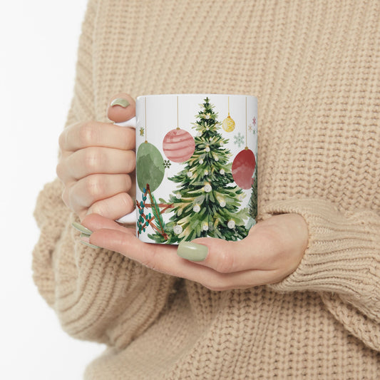 Watercolor Christmas Tree Mug – Festive Holiday Coffee Cup with Ornament Design, (11oz, 15oz)