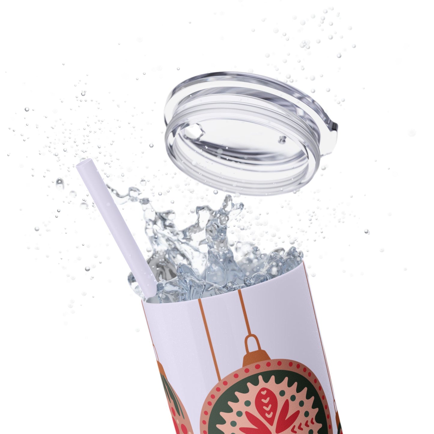 Scandinavian-Inspired Holiday Skinny Tumbler with Straw - Festive Ornaments Design, 20oz