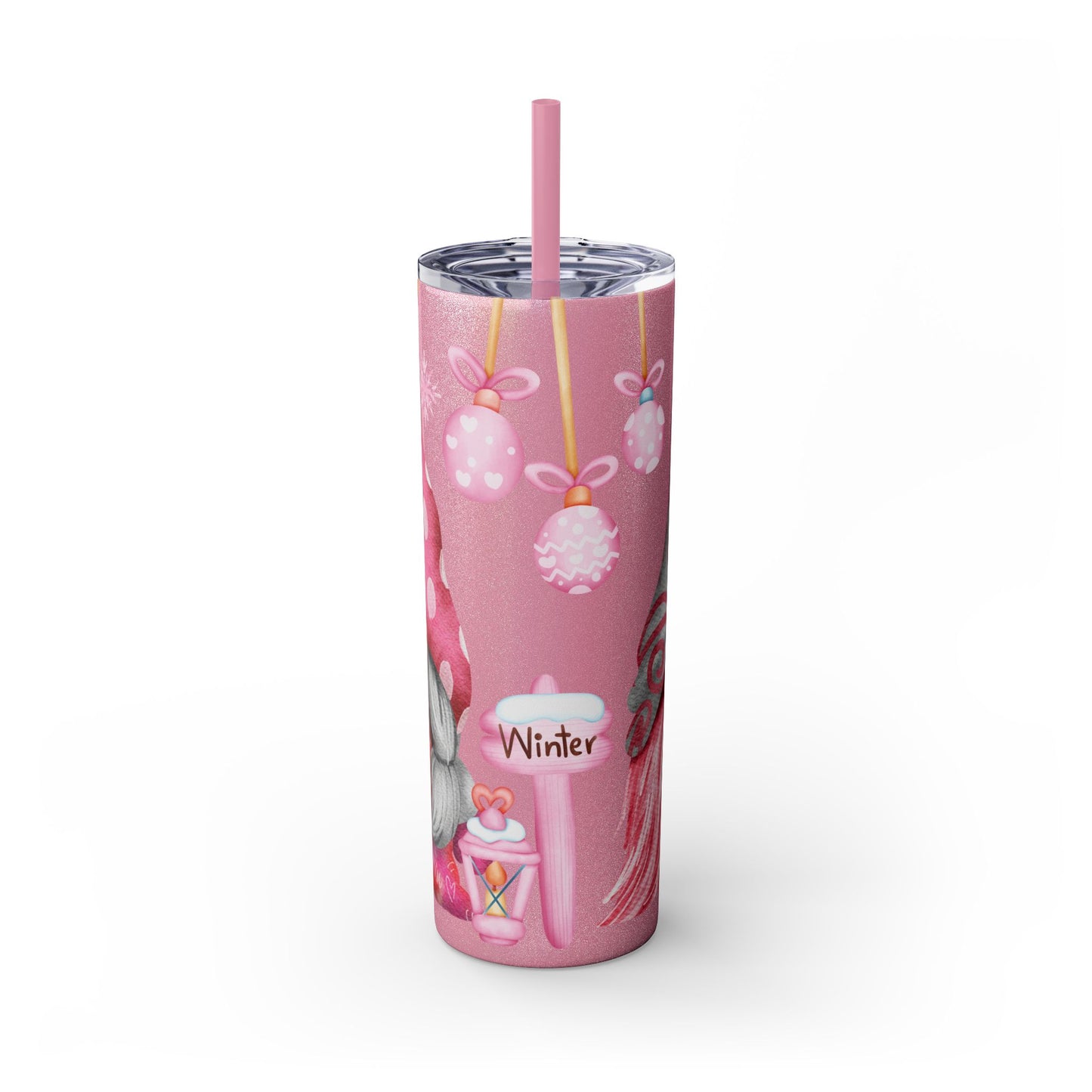 Scandinavian Pink Winter Gnome Skinny Tumbler with Straw - Cute Christmas Tumbler for Hot & Cold Drinks, 20oz