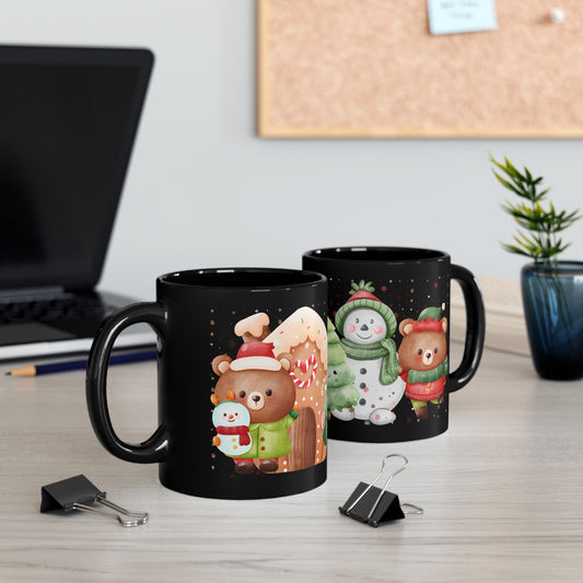 Black Christmas Mug with Adorable Bear and Snowman Design – Festive Holiday Coffee Cup