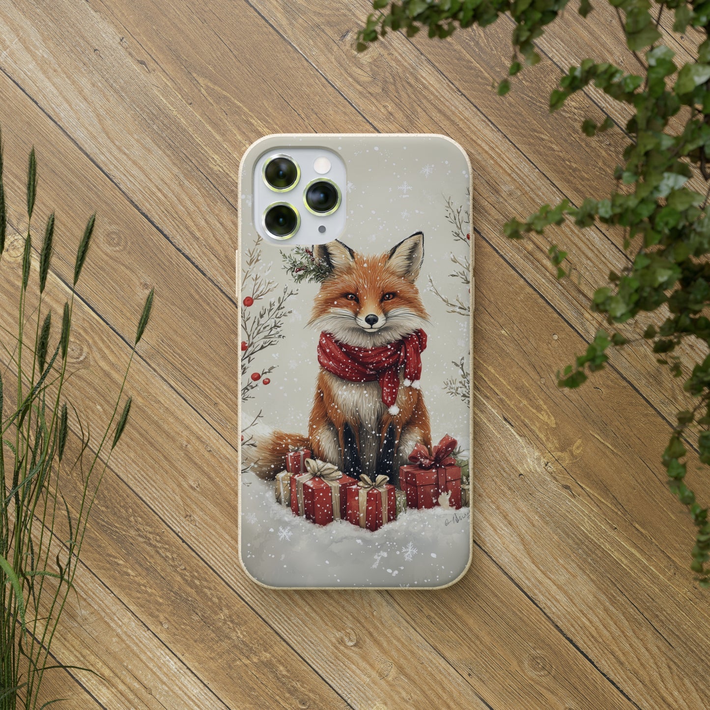 Christmas Fox Phone Case – Festive Holiday Design with Cute Fox and Gift Boxes - Biodegradable Cases