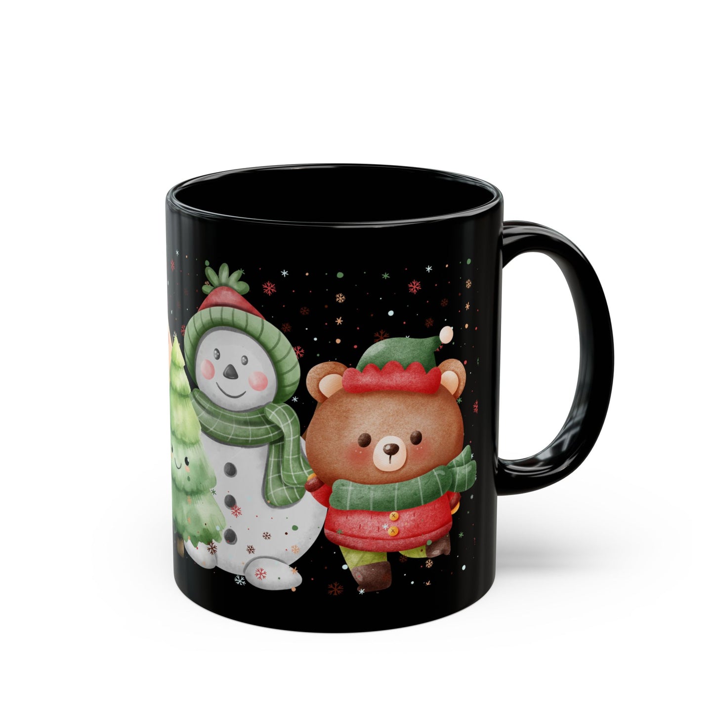 Black Christmas Mug with Adorable Bear and Snowman Design – Festive Holiday Coffee Cup