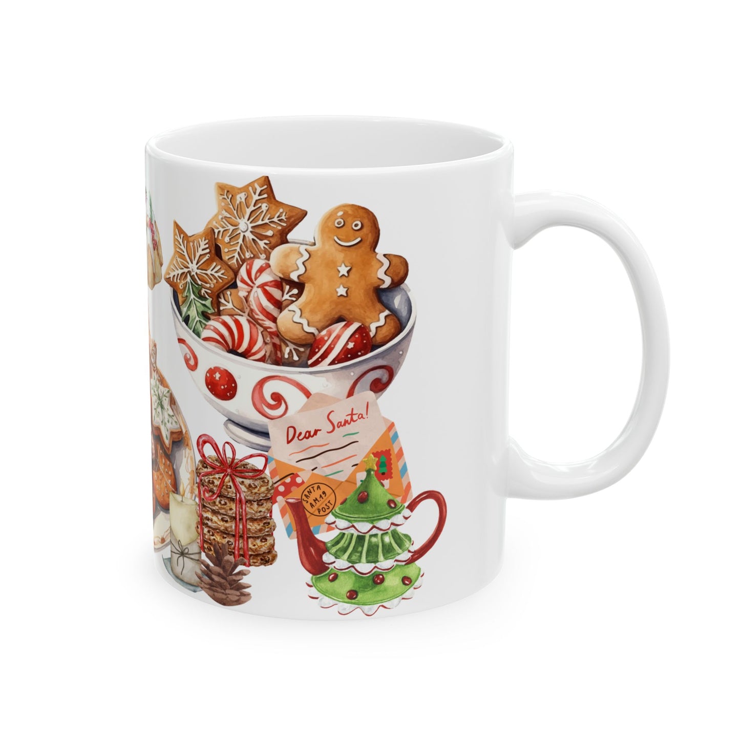 Festive Christmas Treats Mug – Holiday Coffee Cup with Cookies, Cakes, and Hot Cocoa Design, (11oz, 15oz)