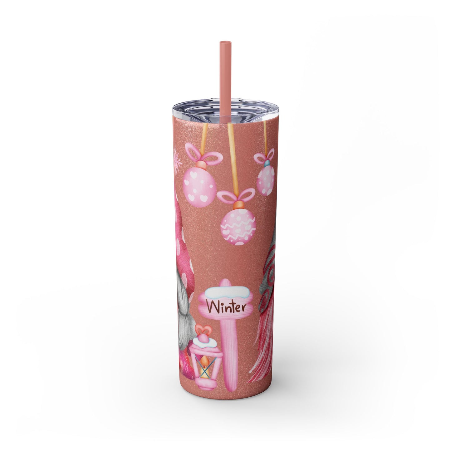 Scandinavian Pink Winter Gnome Skinny Tumbler with Straw - Cute Christmas Tumbler for Hot & Cold Drinks, 20oz