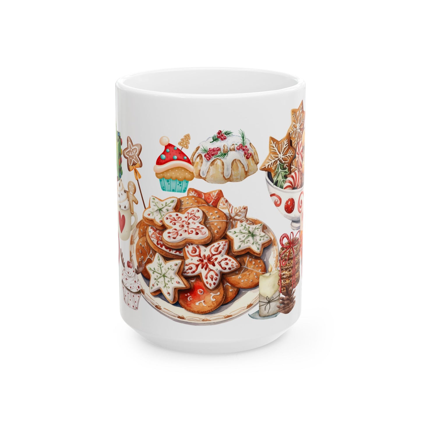 Festive Christmas Treats Mug – Holiday Coffee Cup with Cookies, Cakes, and Hot Cocoa Design, (11oz, 15oz)