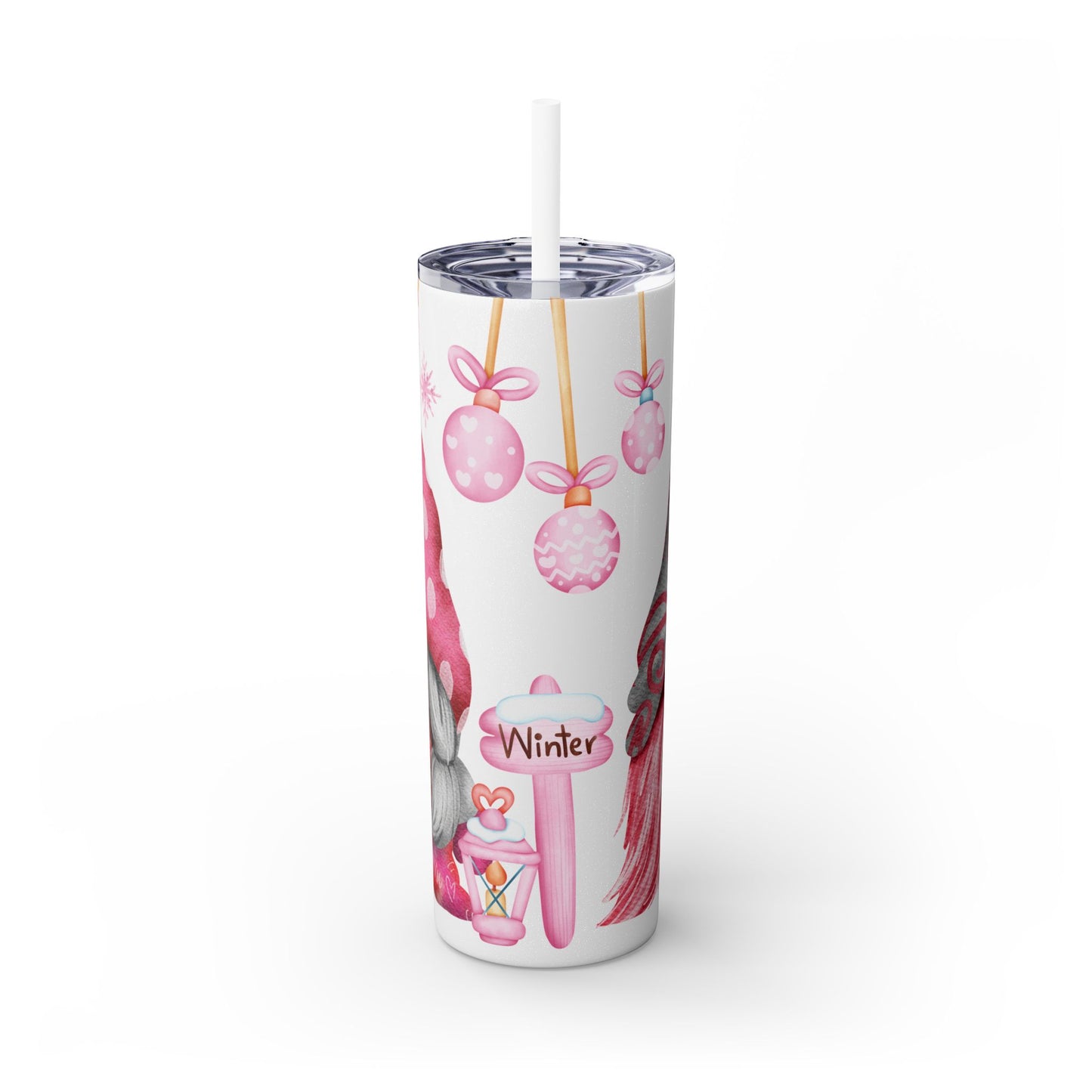 Scandinavian Pink Winter Gnome Skinny Tumbler with Straw - Cute Christmas Tumbler for Hot & Cold Drinks, 20oz