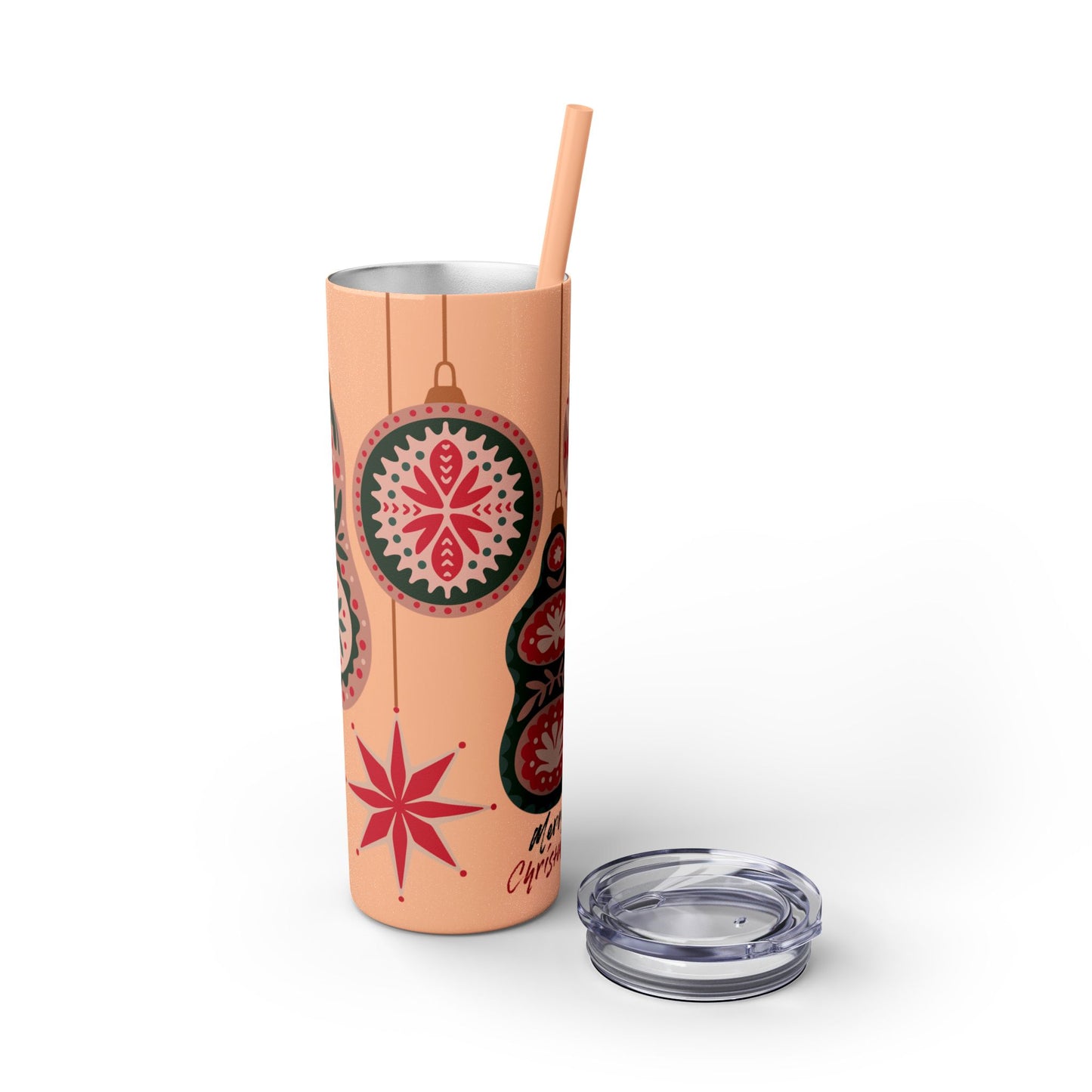 Scandinavian-Inspired Holiday Skinny Tumbler with Straw - Festive Ornaments Design, 20oz