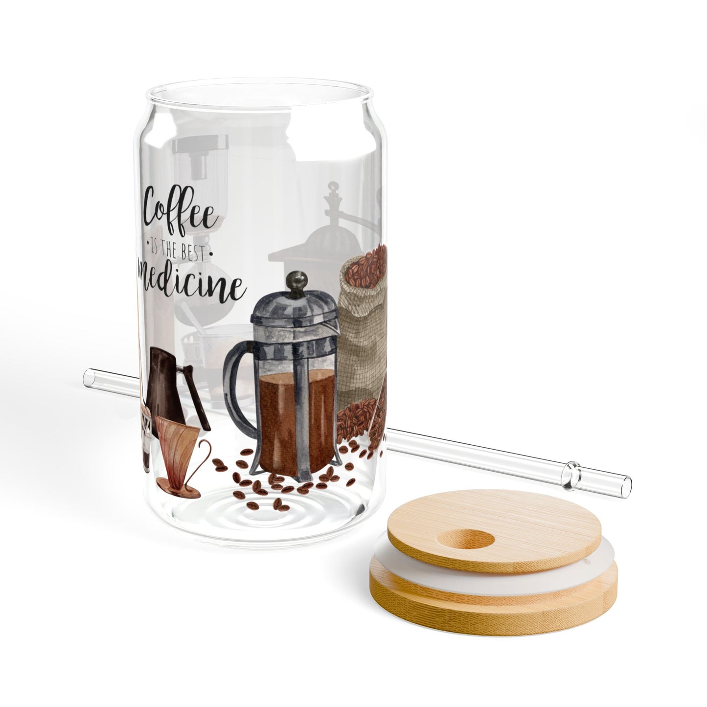 Coffee Is the Best Medicine" Glass Tumbler with Bamboo Lid & Straw – Eco-Friendly Drinkware, 16oz