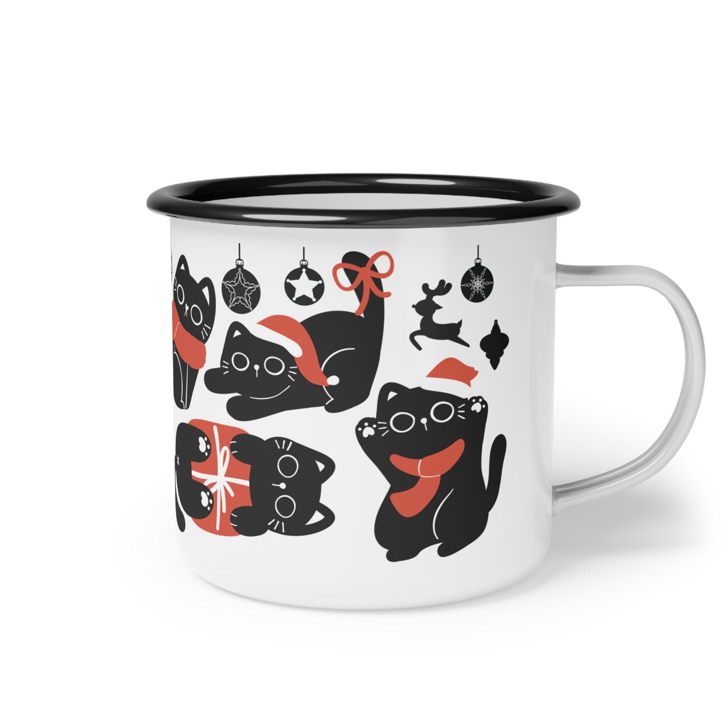 Christmas Cat Enamel Mug – Festive Holiday Design with Adorable Black Cats