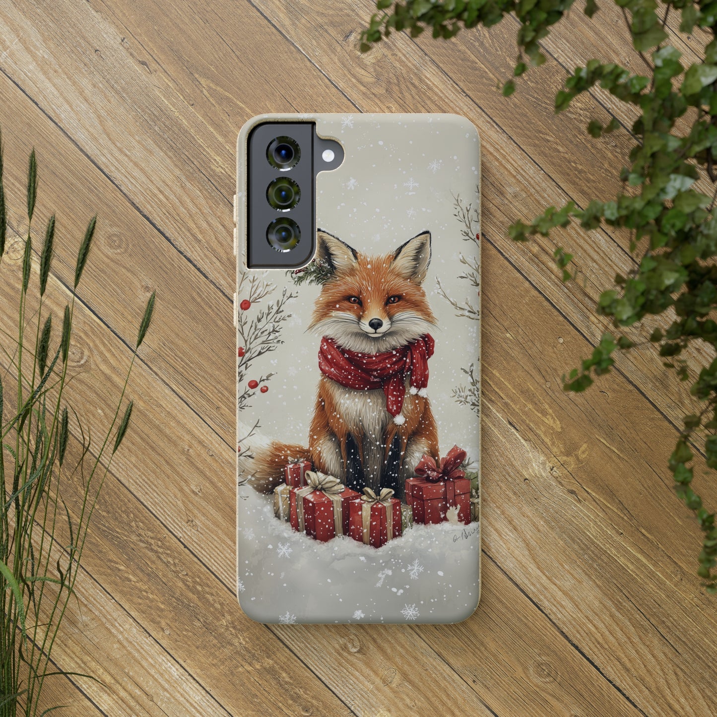 Christmas Fox Phone Case – Festive Holiday Design with Cute Fox and Gift Boxes - Biodegradable Cases