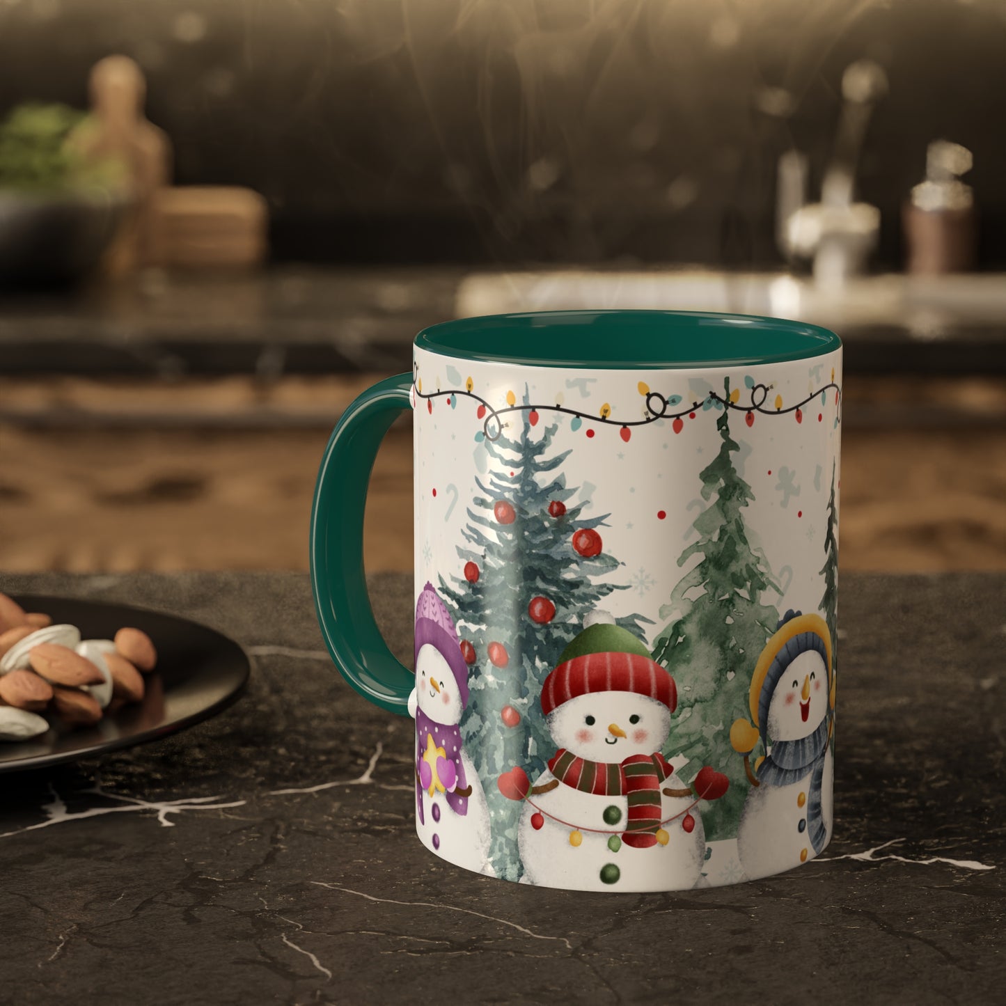 Snowman Christmas Mug with Winter Forest Scene – Holiday Coffee Mug