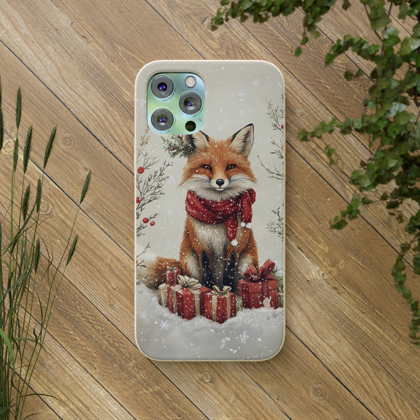 Christmas Fox Phone Case – Festive Holiday Design with Cute Fox and Gift Boxes - Biodegradable Cases