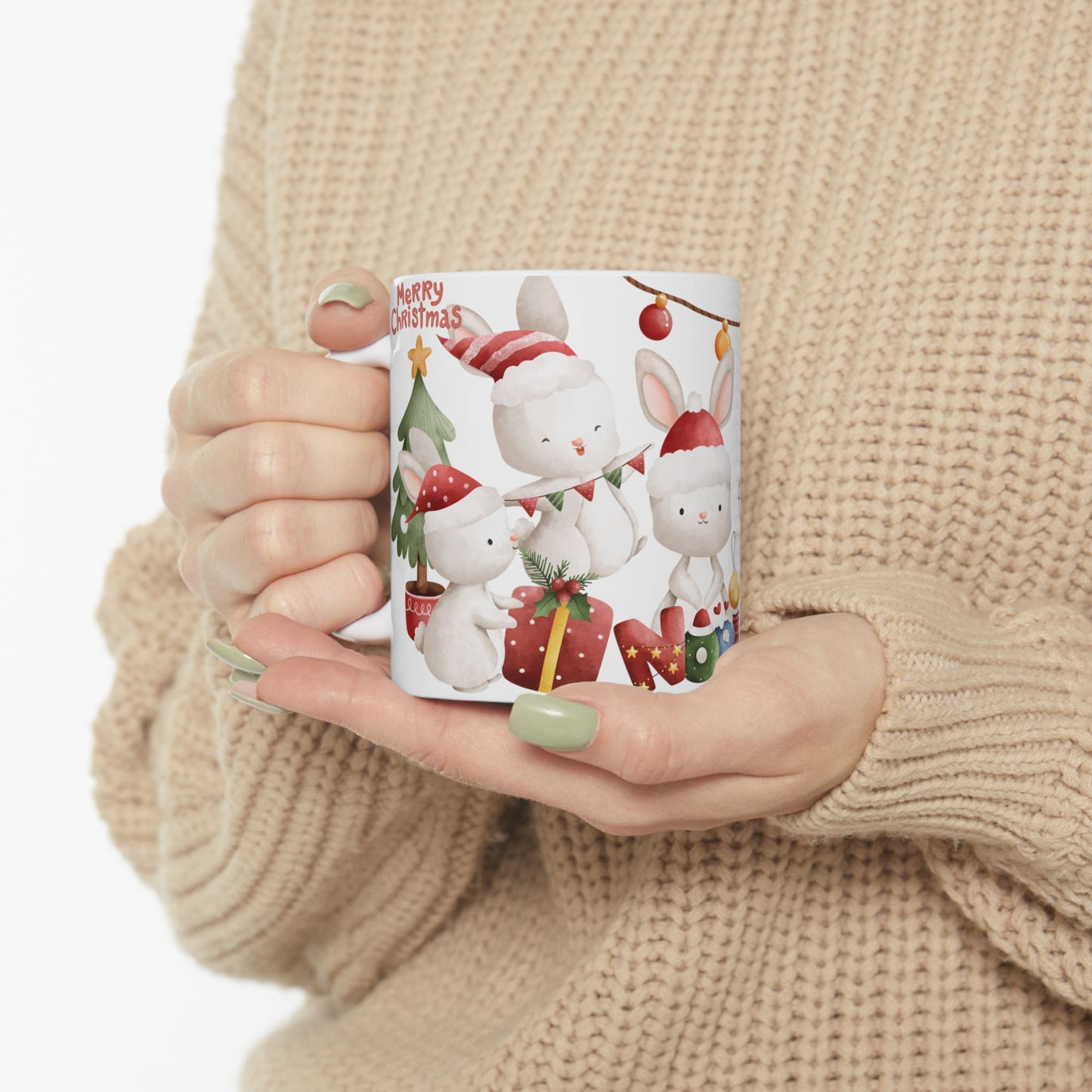 "Merry Christmas" Bunny Mug – Festive Holiday Coffee Cup with Cute Rabbit Design, (11oz, 15oz)