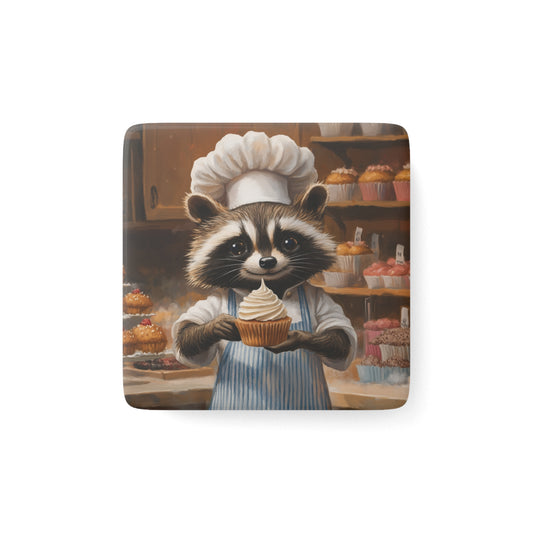 Porcelain Magnet, Square Raccoon Pastry Chef Decorating Cupcake