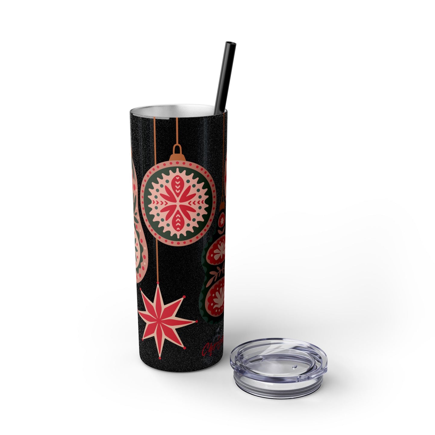 Scandinavian-Inspired Holiday Skinny Tumbler with Straw - Festive Ornaments Design, 20oz