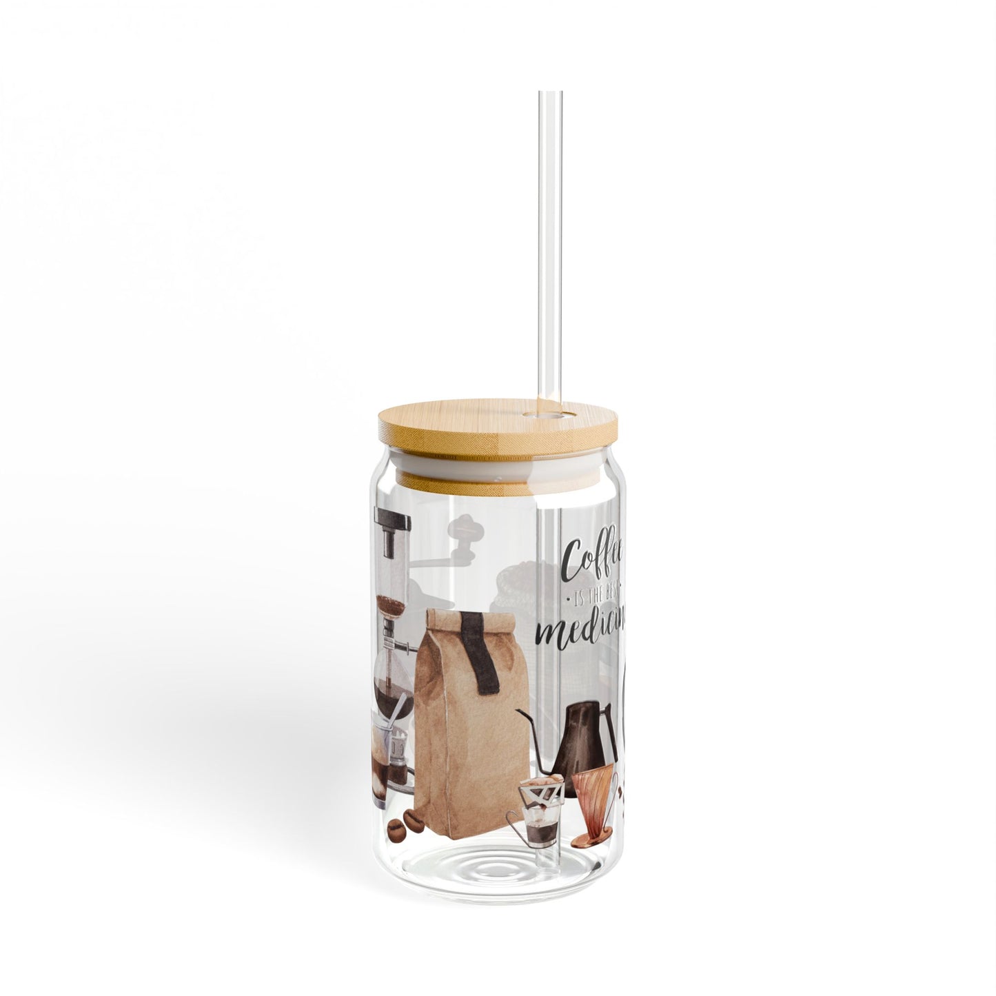 Coffee Is the Best Medicine" Glass Tumbler with Bamboo Lid & Straw – Eco-Friendly Drinkware, 16oz