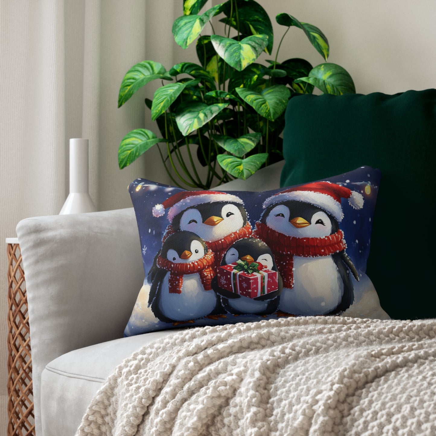 Christmas Penguins Throw Pillow – Festive Decorative Cushion with Holiday Design