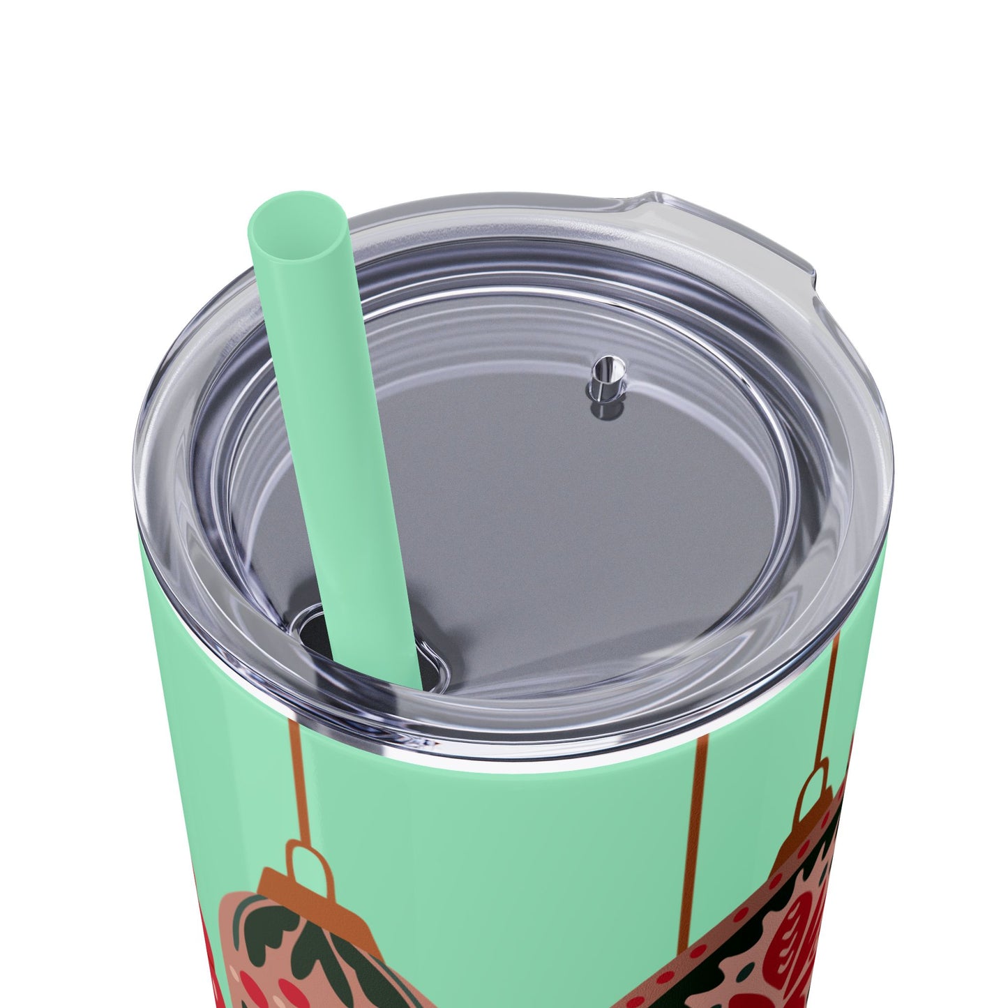 Scandinavian-Inspired Holiday Skinny Tumbler with Straw - Festive Ornaments Design, 20oz