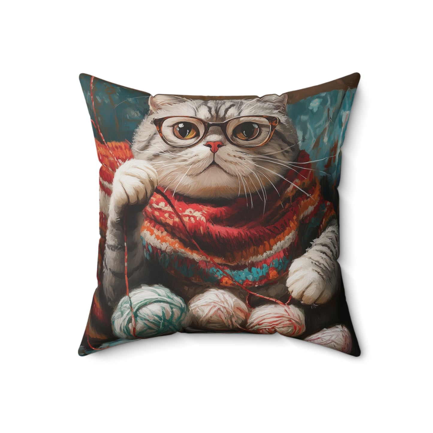 Spun Polyester Square Pillow Scottish Fold Knitting Peacefully on Couch