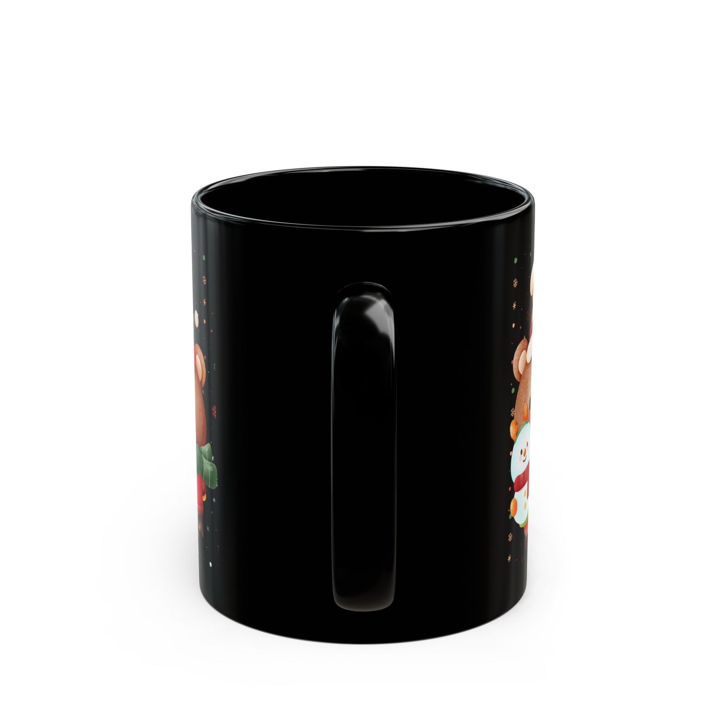 Black Christmas Mug with Adorable Bear and Snowman Design – Festive Holiday Coffee Cup