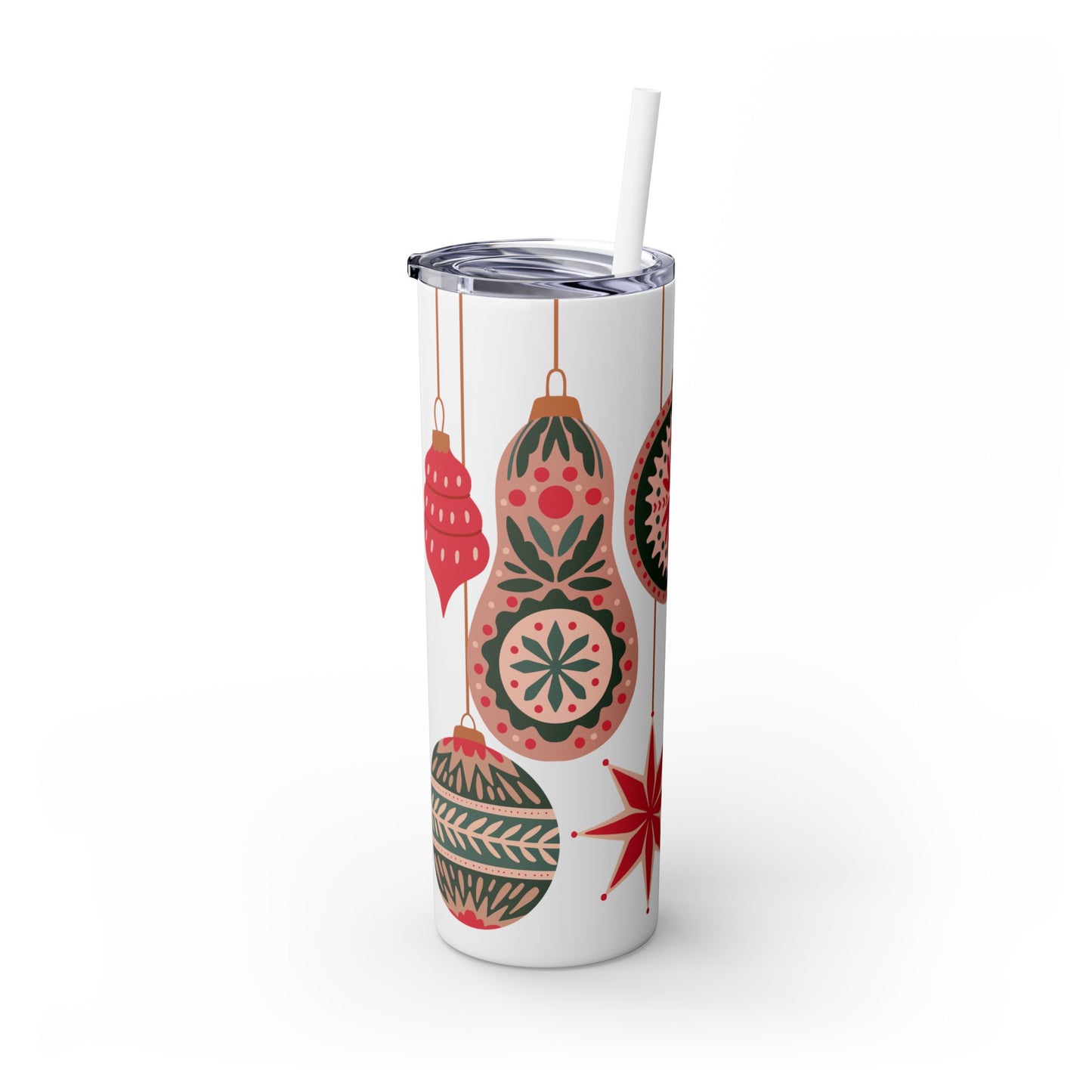 Scandinavian-Inspired Holiday Skinny Tumbler with Straw - Festive Ornaments Design, 20oz