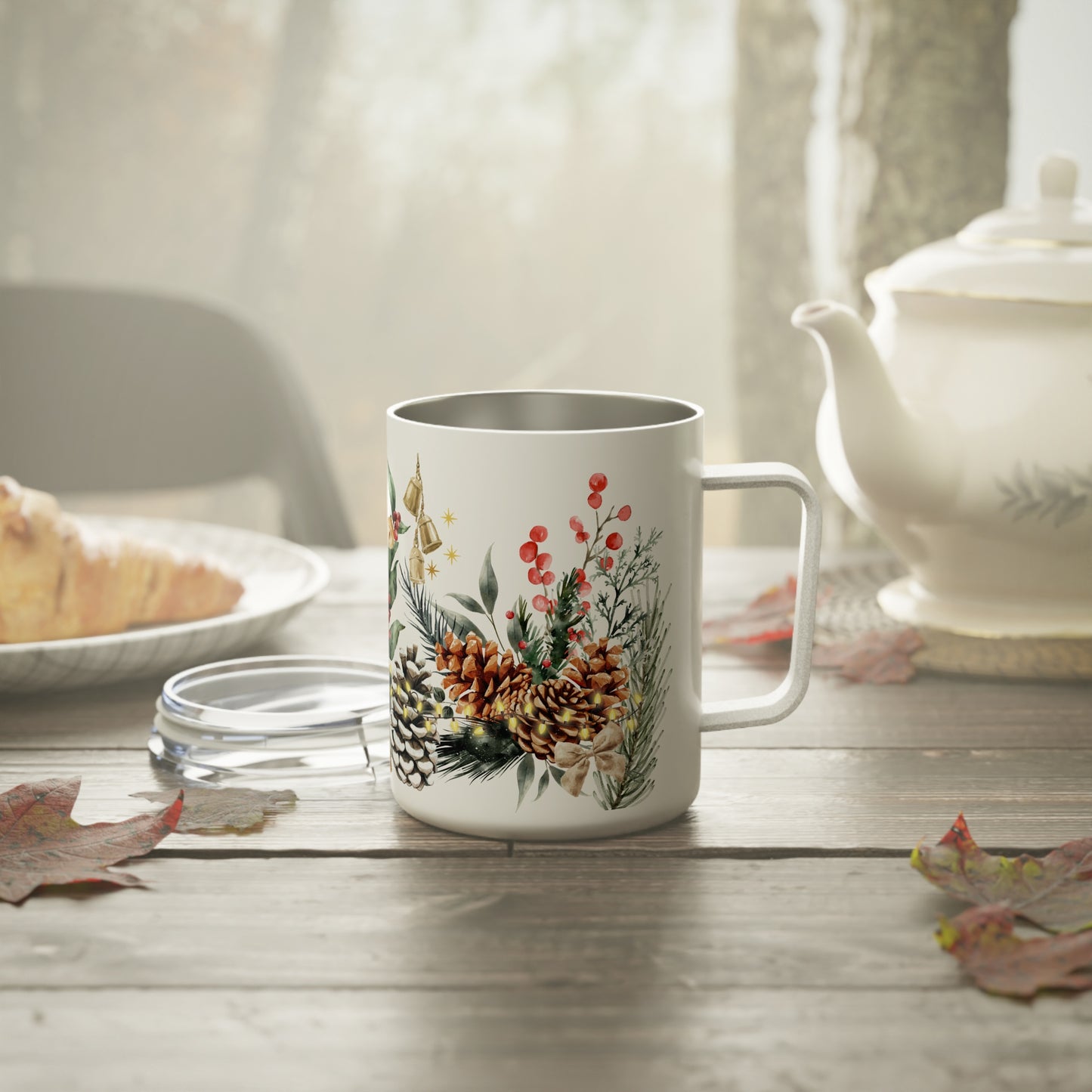 Botanical Christmas Mug with Rustic Lantern Design – Double-Walled Insulated Mug, 10oz