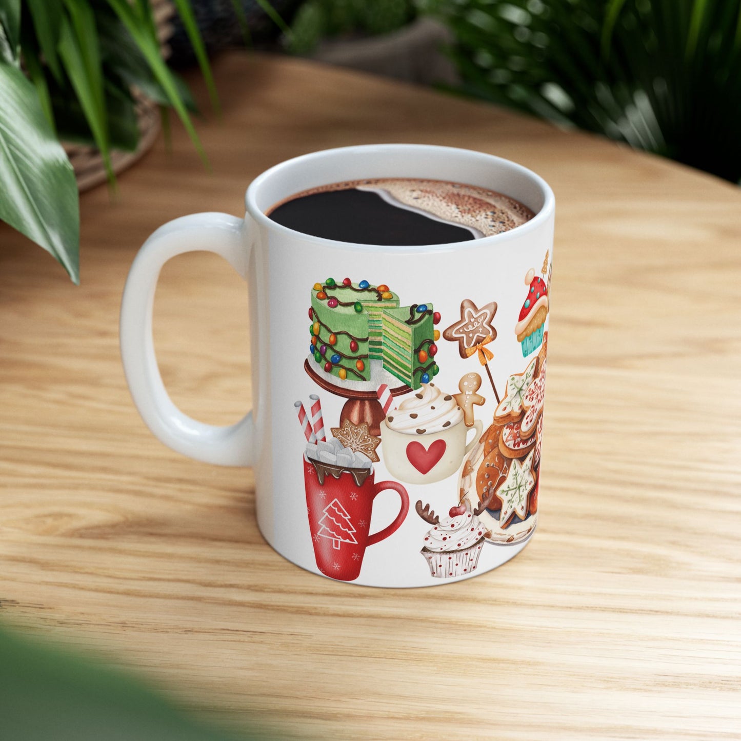 Festive Christmas Treats Mug – Holiday Coffee Cup with Cookies, Cakes, and Hot Cocoa Design, (11oz, 15oz)