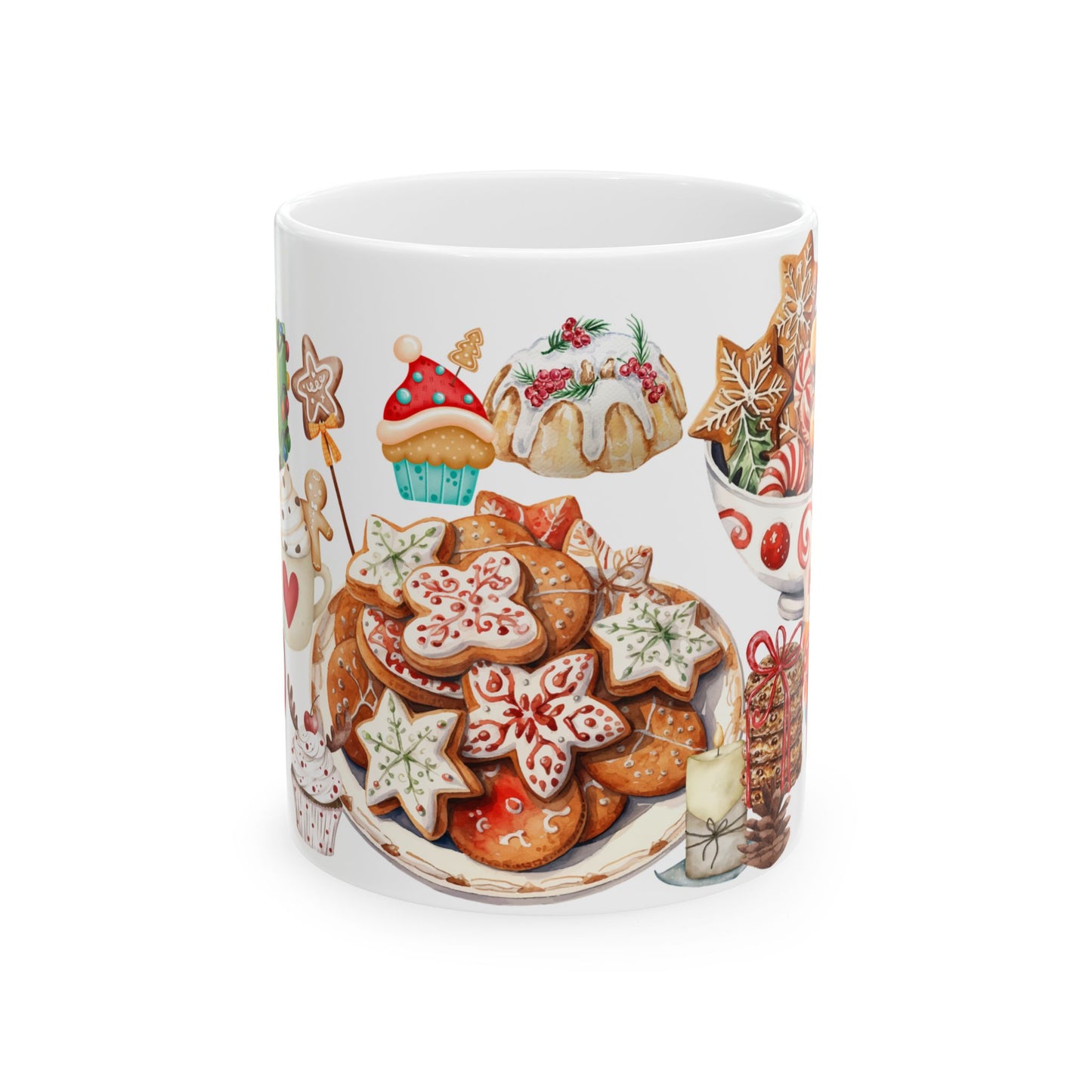 Festive Christmas Treats Mug – Holiday Coffee Cup with Cookies, Cakes, and Hot Cocoa Design, (11oz, 15oz)