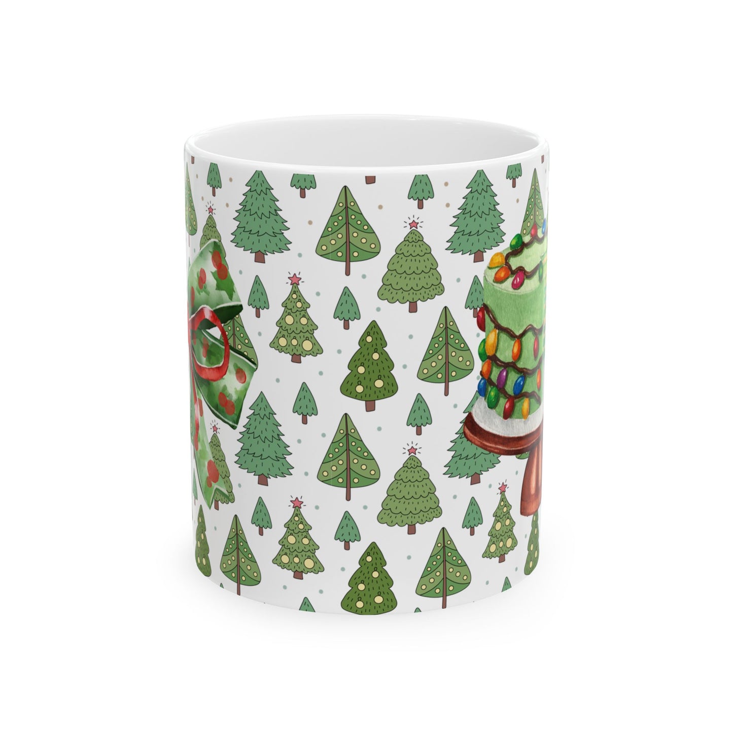 Christmas Mug with Festive Layer Cake and Holiday Tree Design – Perfect for Seasonal Cheer