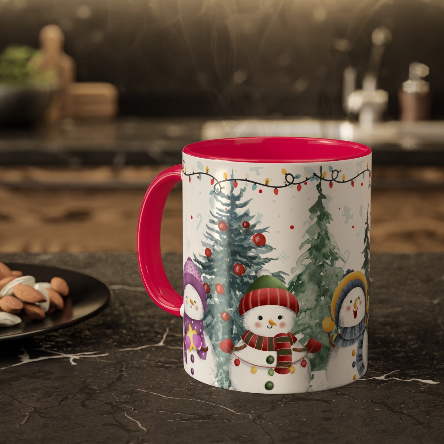 Snowman Christmas Mug with Winter Forest Scene – Holiday Coffee Mug