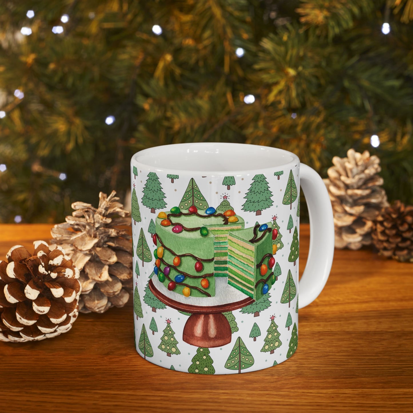 Christmas Mug with Festive Layer Cake and Holiday Tree Design – Perfect for Seasonal Cheer