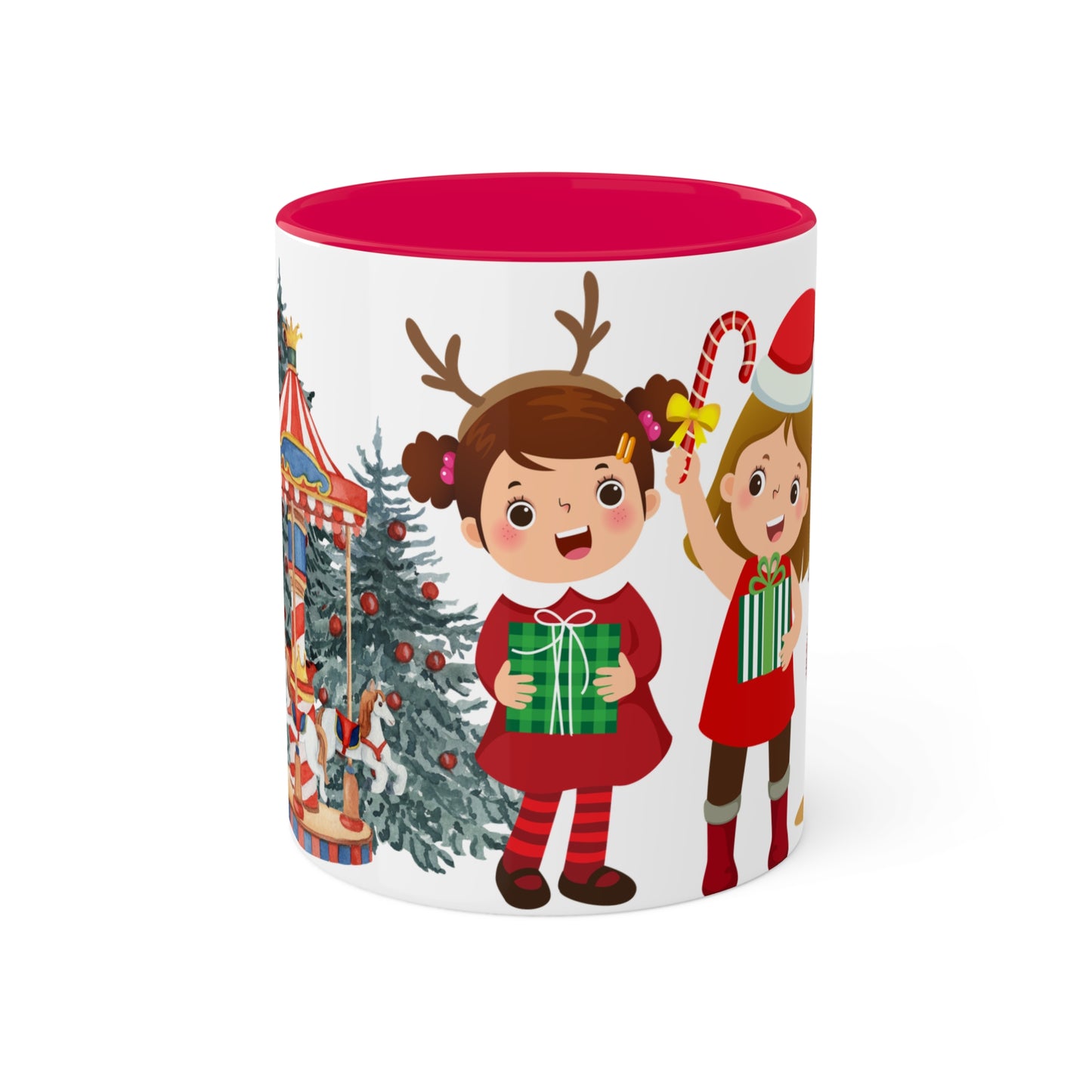 Cute Christmas Mug with Kids and Reindeer Design – Festive Holiday Coffee Cup