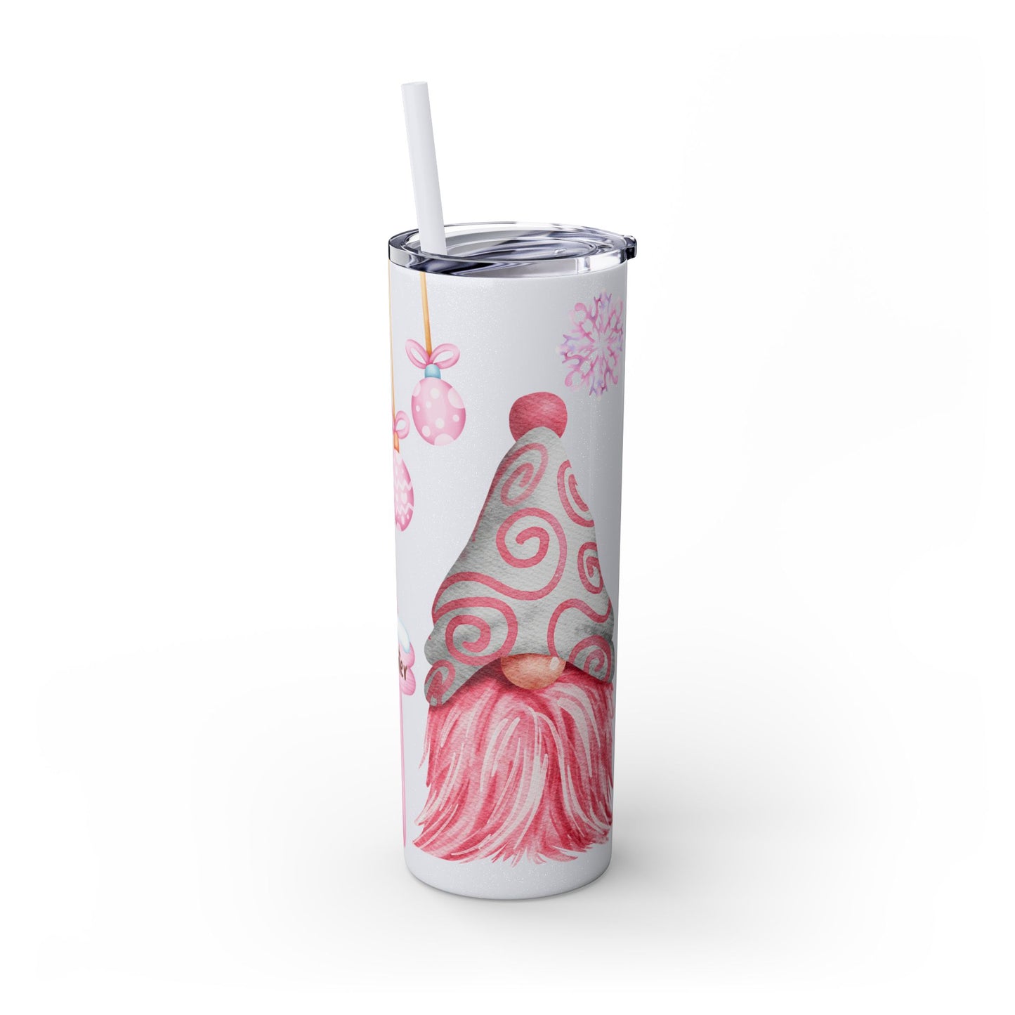 Scandinavian Pink Winter Gnome Skinny Tumbler with Straw - Cute Christmas Tumbler for Hot & Cold Drinks, 20oz