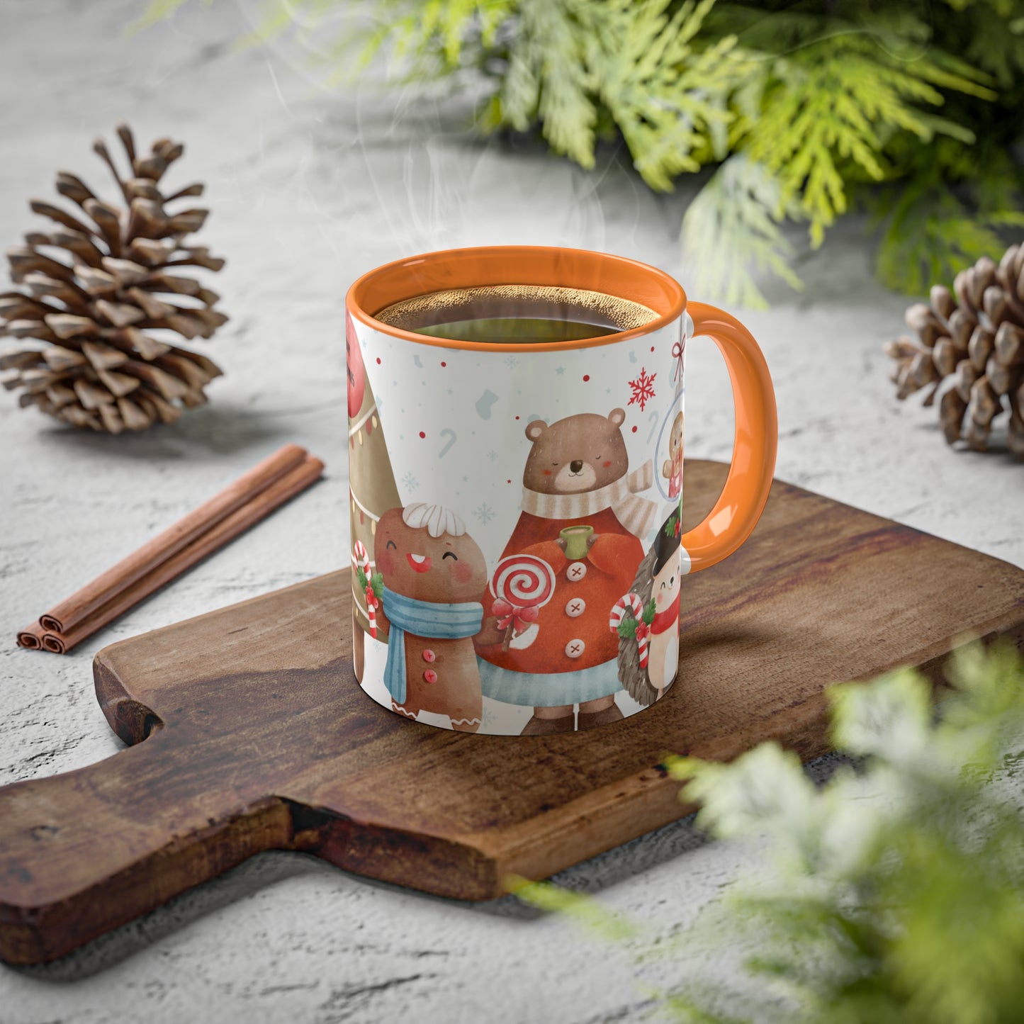 Festive Christmas Mug with Adorable Bear, Hedgehog, and Gingerbread Design – Holiday Coffee Cup