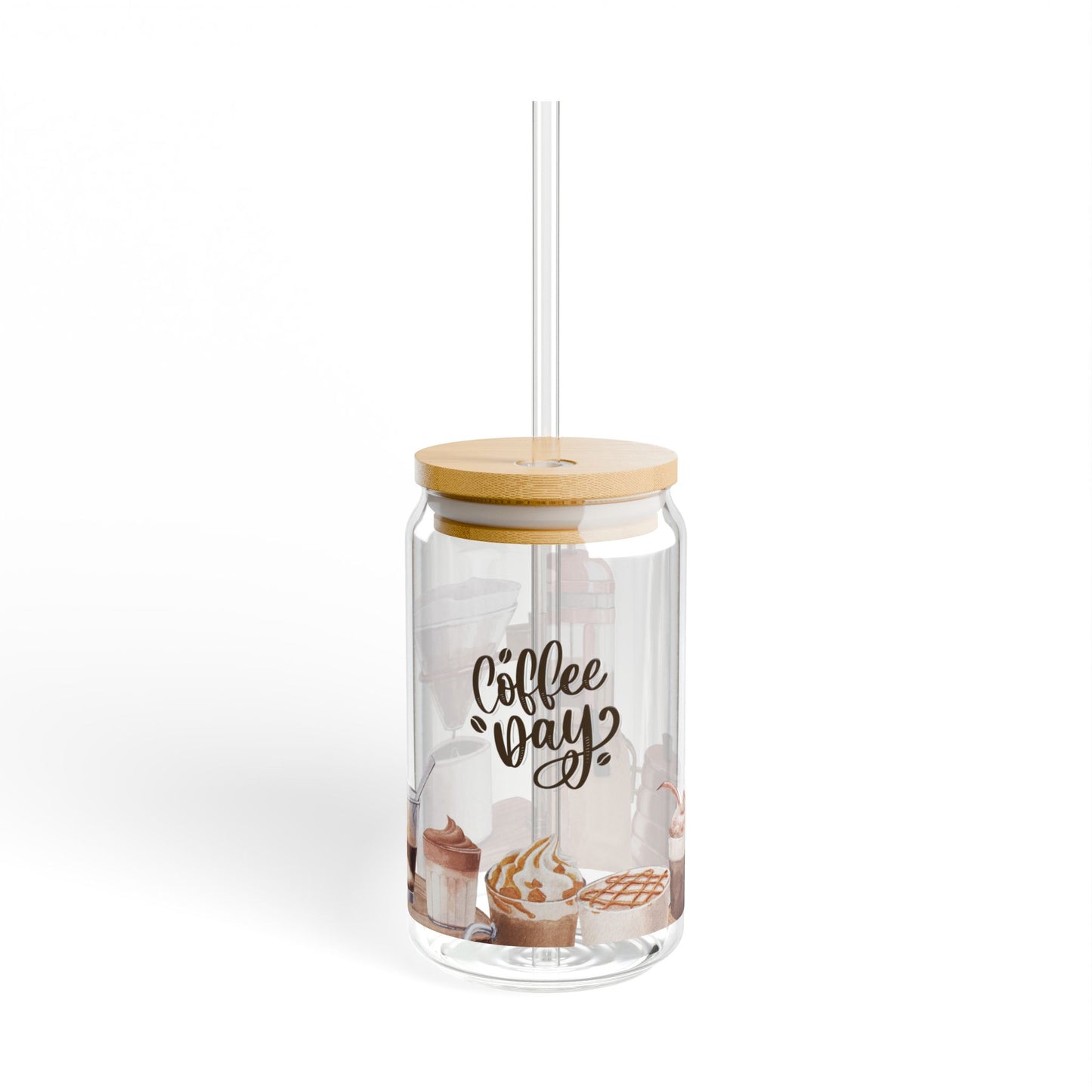 "Coffee Day" Glass Tumbler with Bamboo Lid & Straw – Eco-Friendly Drinkware for Coffee Lovers, 16oz