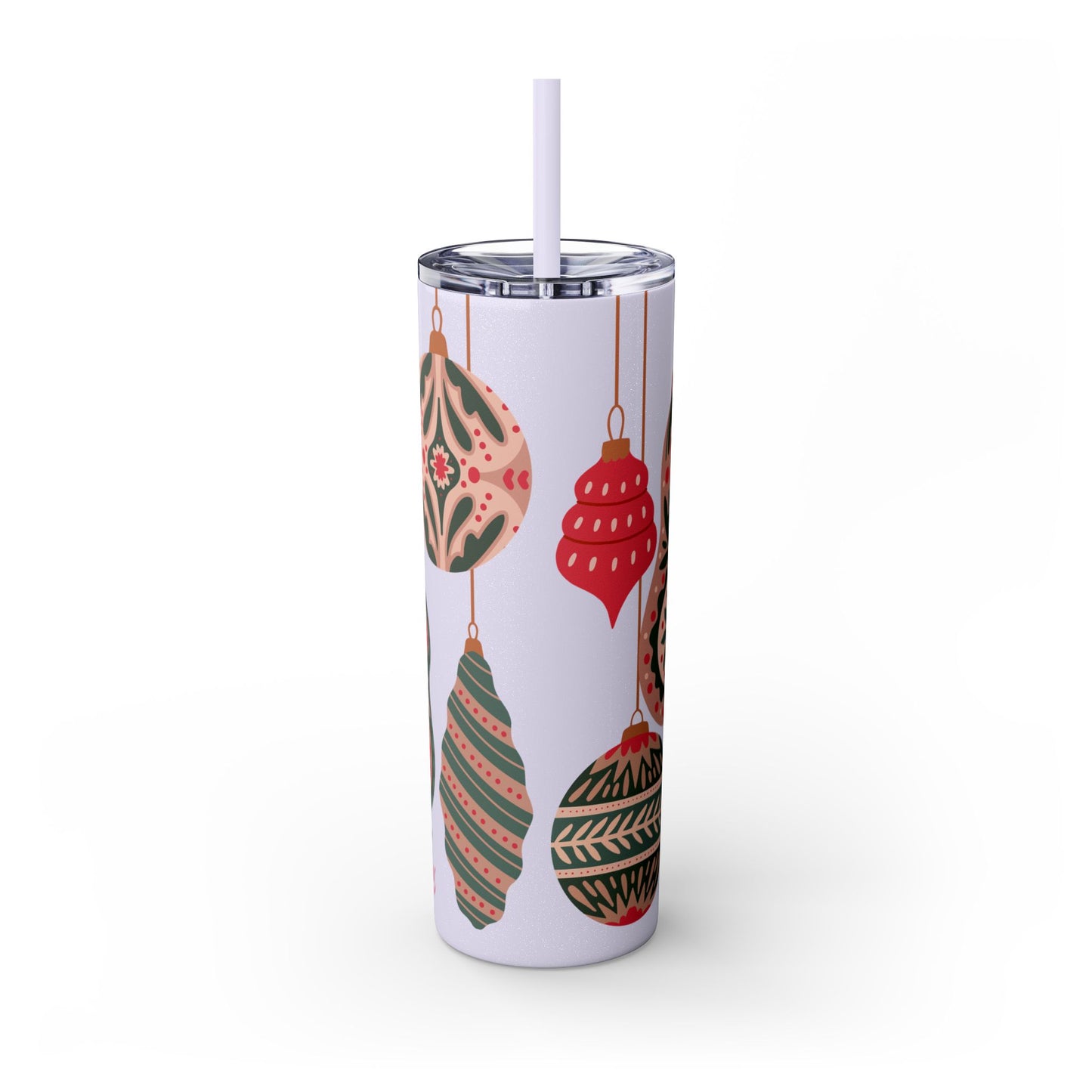 Scandinavian-Inspired Holiday Skinny Tumbler with Straw - Festive Ornaments Design, 20oz