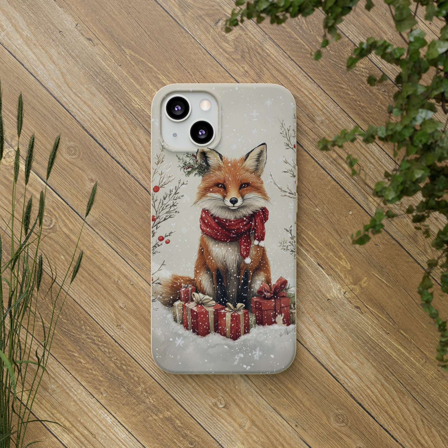 Christmas Fox Phone Case – Festive Holiday Design with Cute Fox and Gift Boxes - Biodegradable Cases