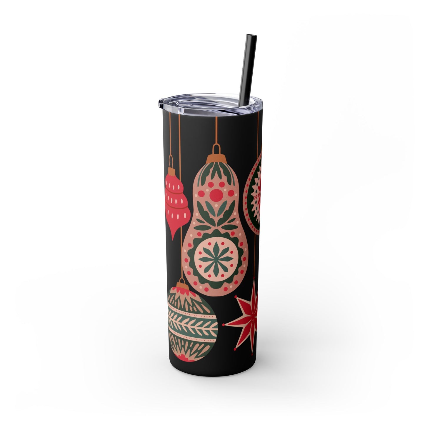 Scandinavian-Inspired Holiday Skinny Tumbler with Straw - Festive Ornaments Design, 20oz