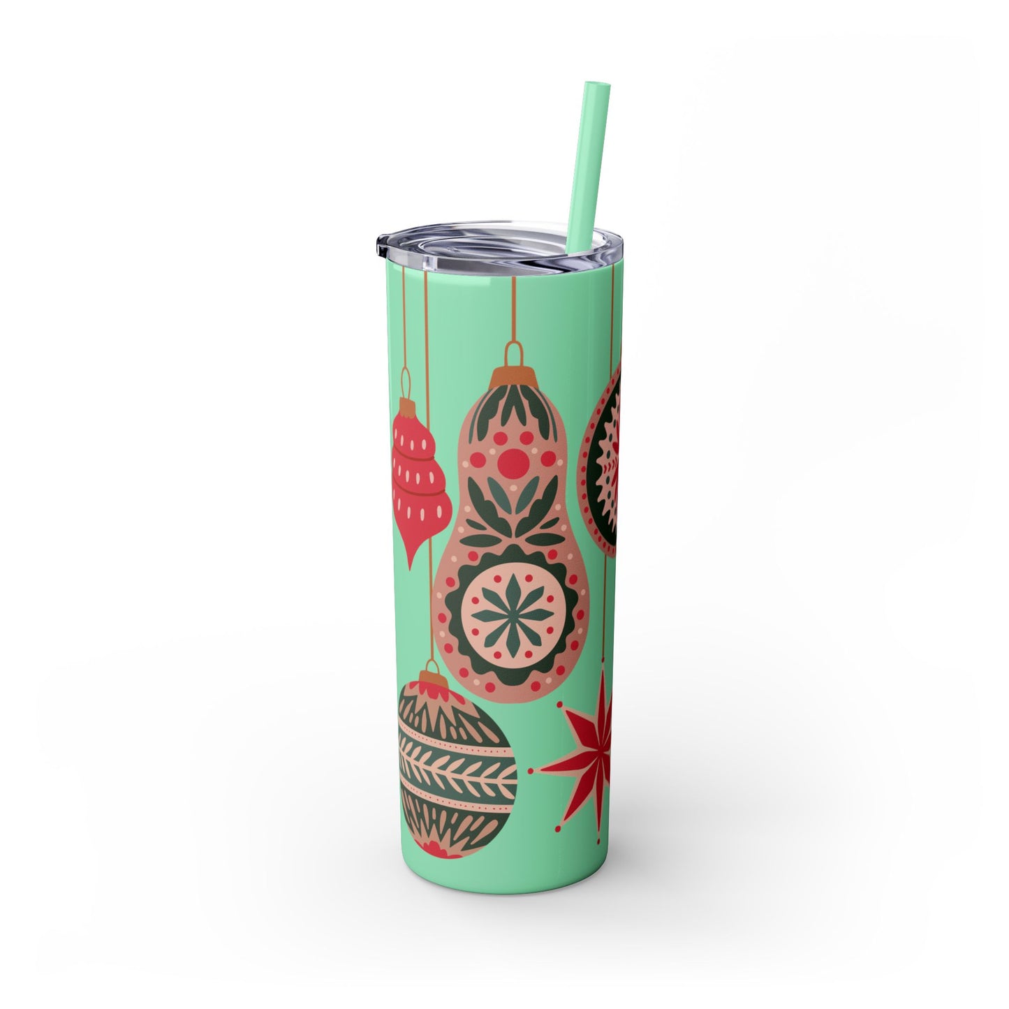 Scandinavian-Inspired Holiday Skinny Tumbler with Straw - Festive Ornaments Design, 20oz