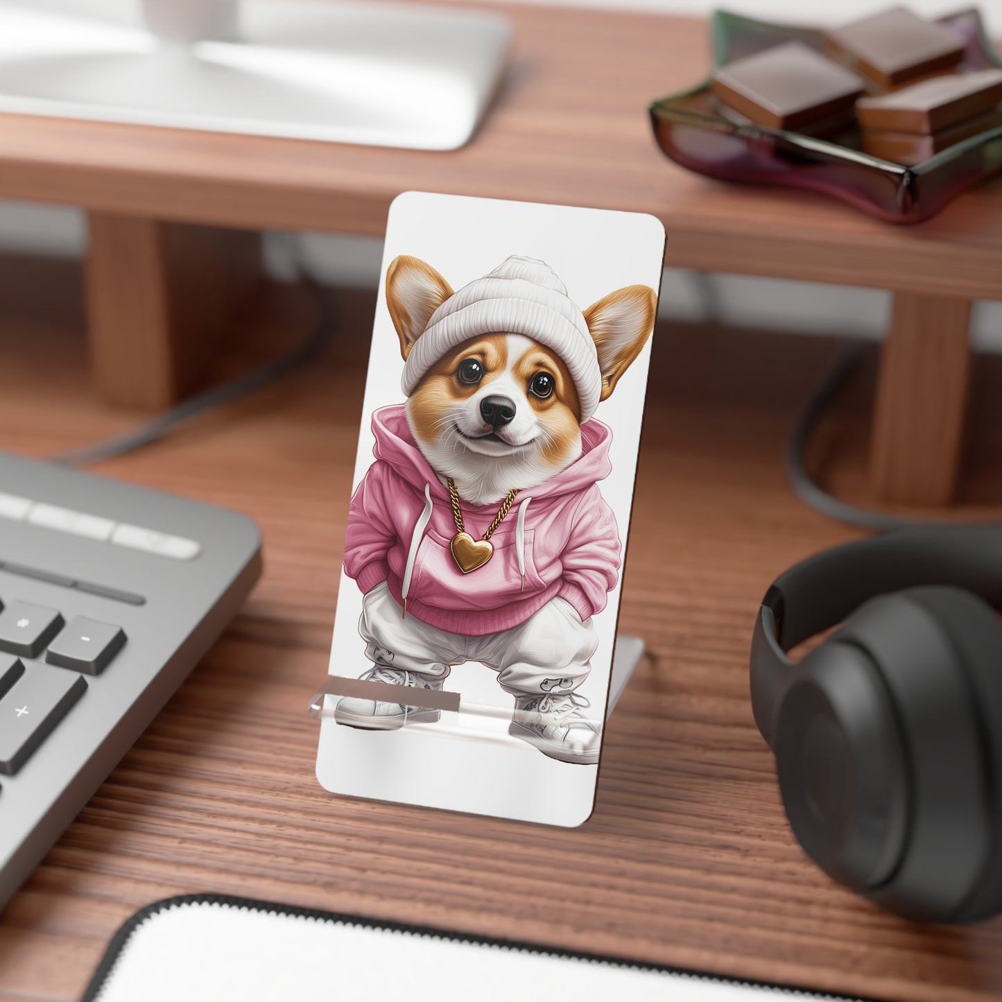 Mobile Display Stand for Smartphones Street Style Corgi: Cozy and Cool