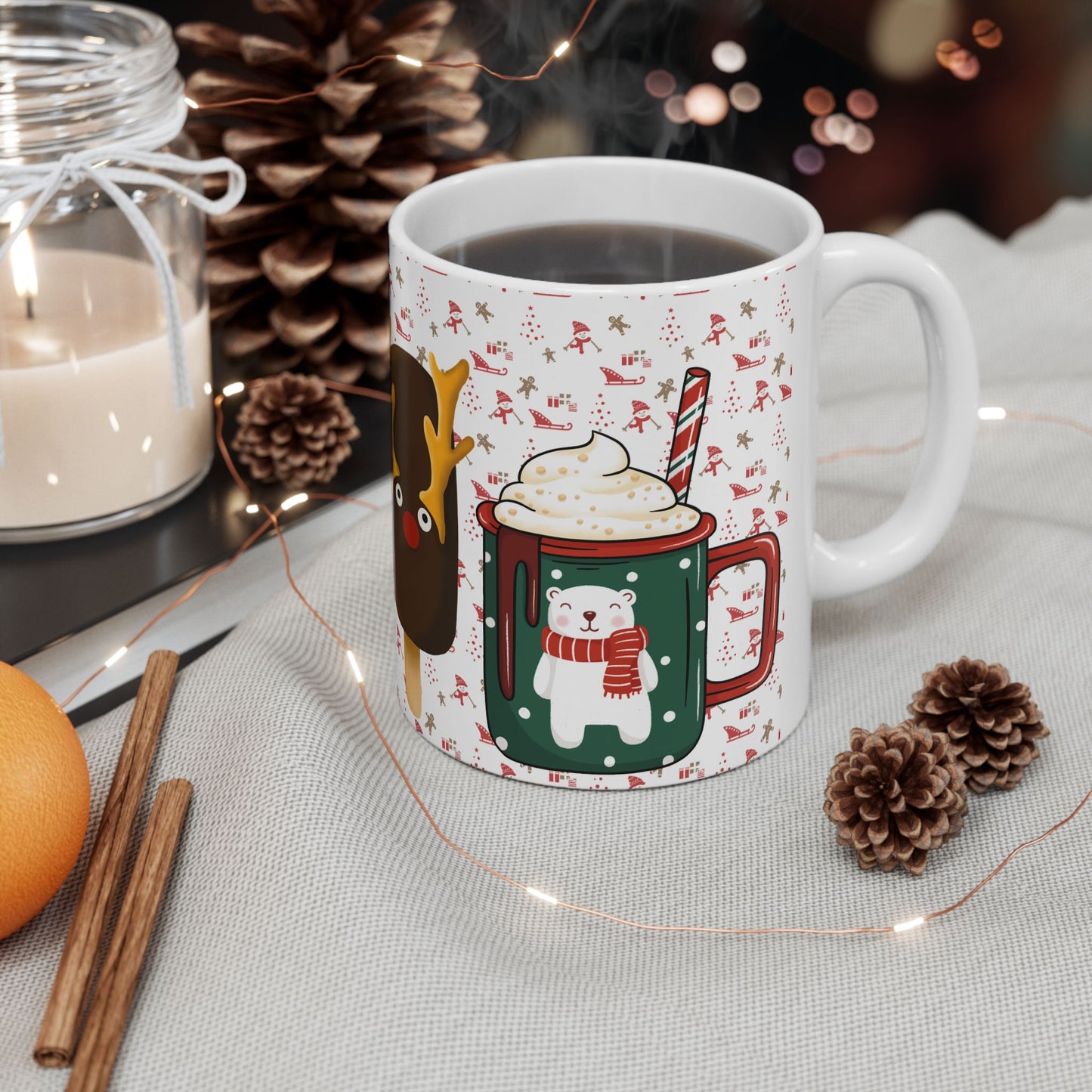 Festive Christmas Mug with Holiday Treats and Cute Characters – Perfect for Winter Beverages