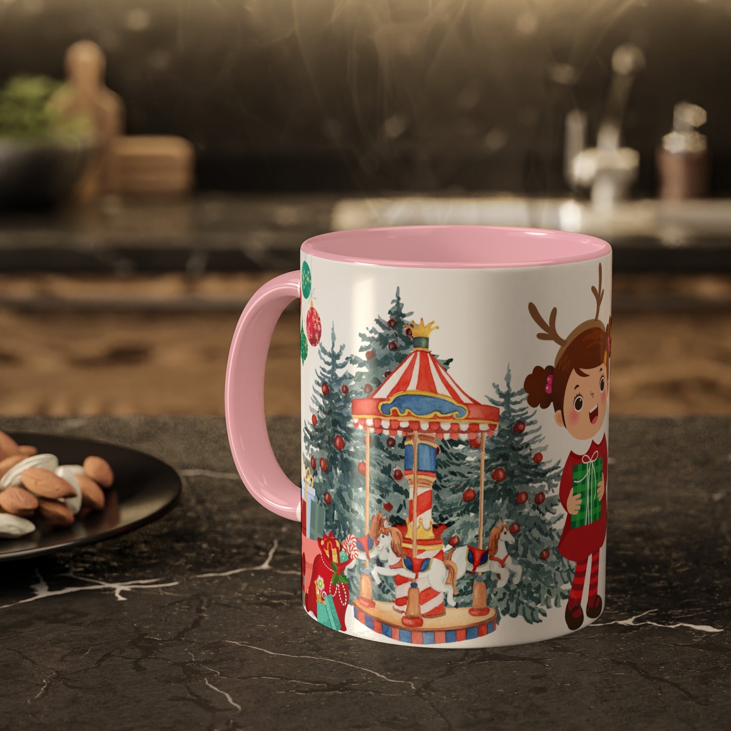 Cute Christmas Mug with Kids and Reindeer Design – Festive Holiday Coffee Cup