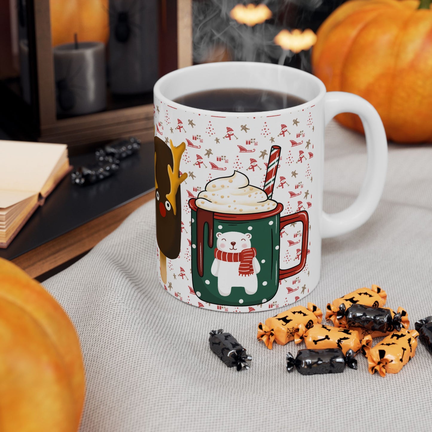 Festive Christmas Mug with Holiday Treats and Cute Characters – Perfect for Winter Beverages