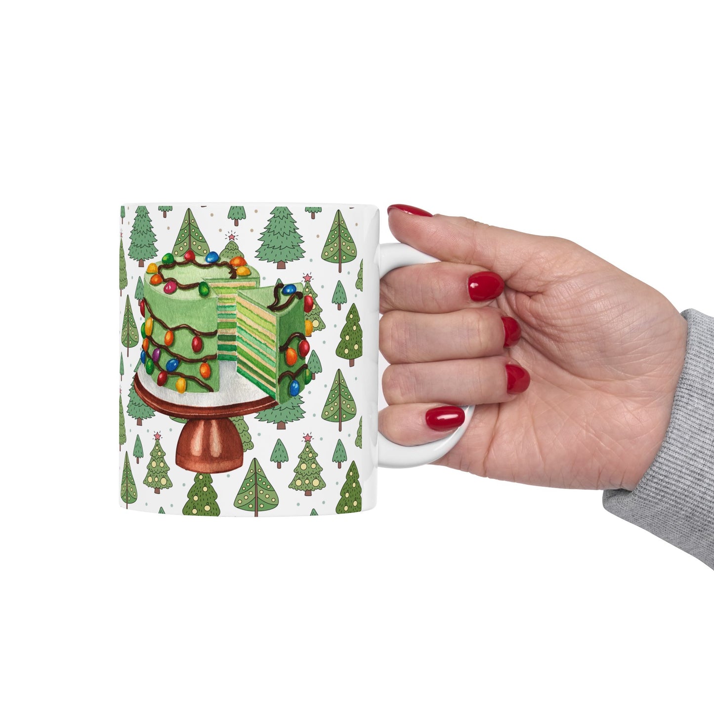 Christmas Mug with Festive Layer Cake and Holiday Tree Design – Perfect for Seasonal Cheer