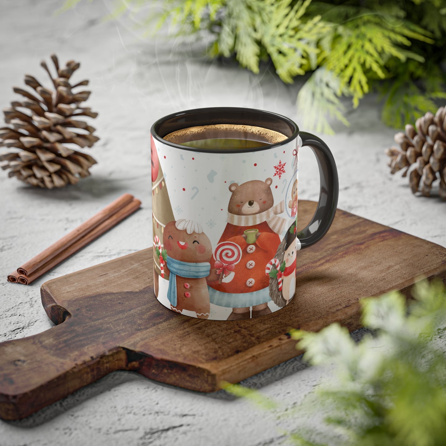 Festive Christmas Mug with Adorable Bear, Hedgehog, and Gingerbread Design – Holiday Coffee Cup