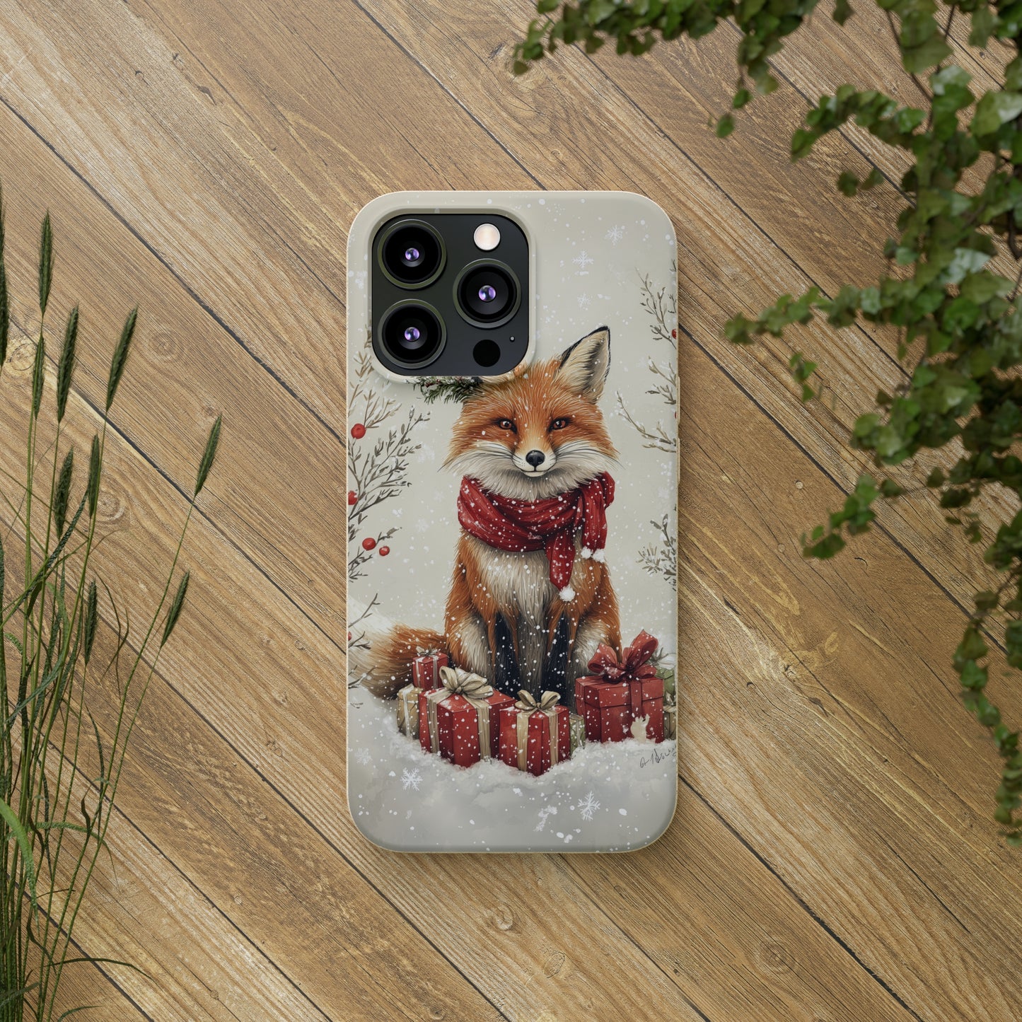 Christmas Fox Phone Case – Festive Holiday Design with Cute Fox and Gift Boxes - Biodegradable Cases